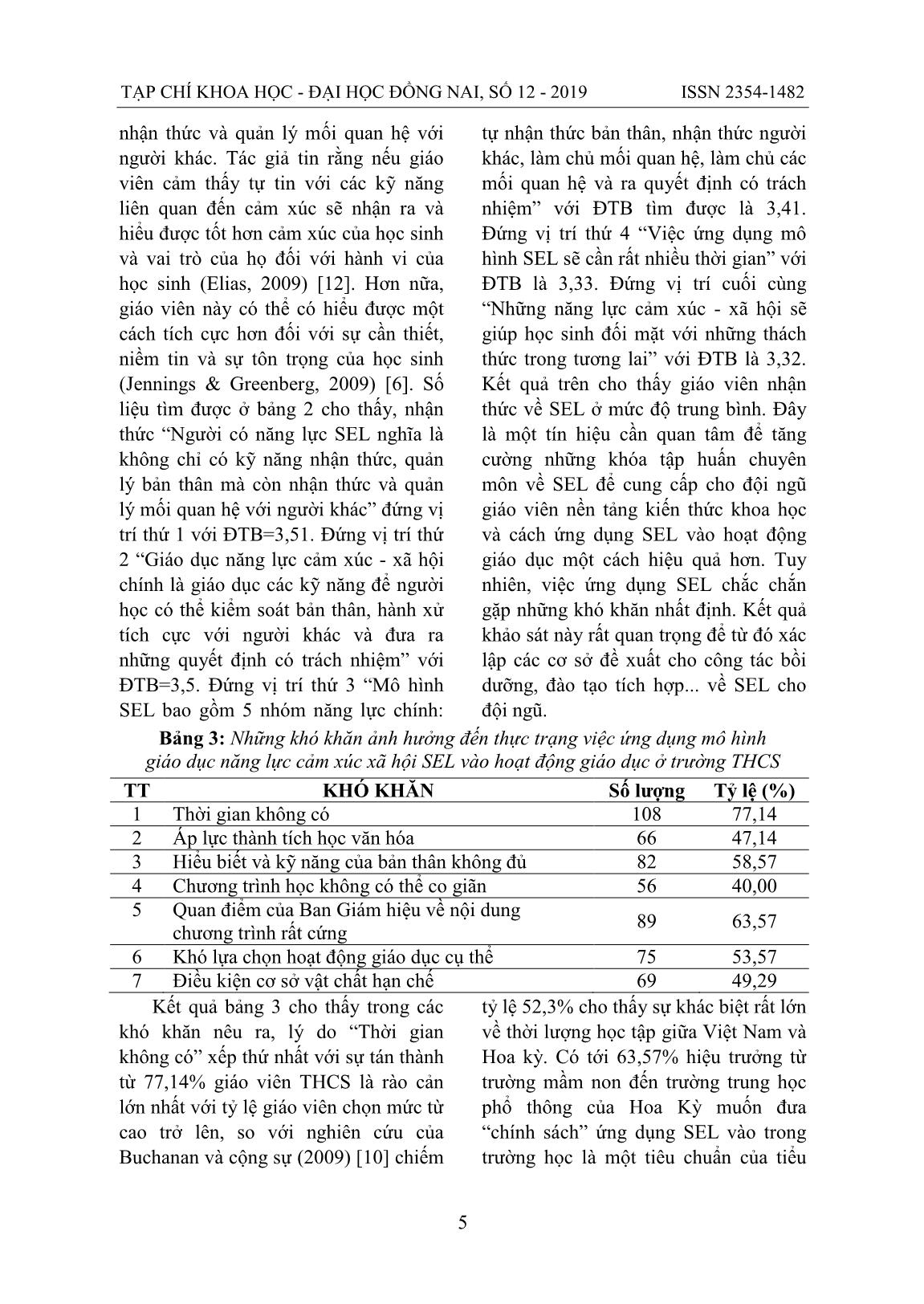Thực trạng ứng dụng mô hình giáo dục năng lực cảm xúc xã hội SEL của giáo viên vào hoạt động giáo dục ở bậc Trung học Cơ sở địa bàn thành phố Hồ Chí Minh trang 5