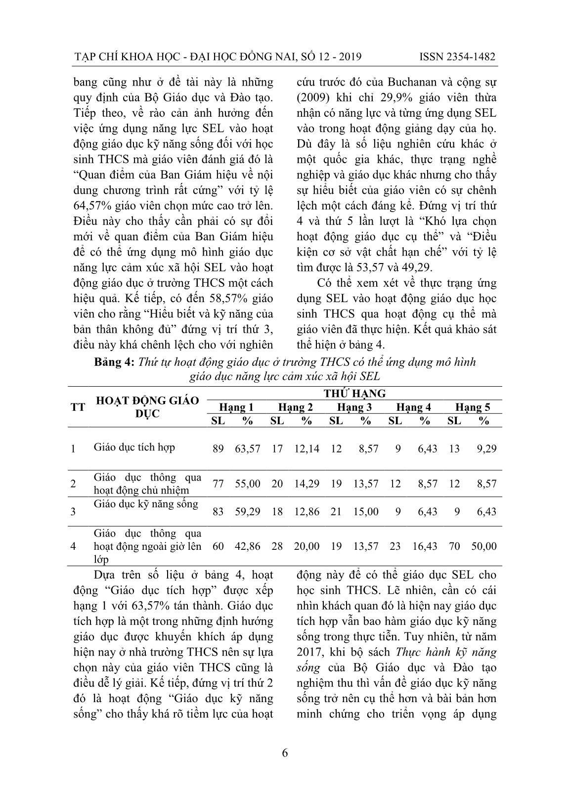 Thực trạng ứng dụng mô hình giáo dục năng lực cảm xúc xã hội SEL của giáo viên vào hoạt động giáo dục ở bậc Trung học Cơ sở địa bàn thành phố Hồ Chí Minh trang 6