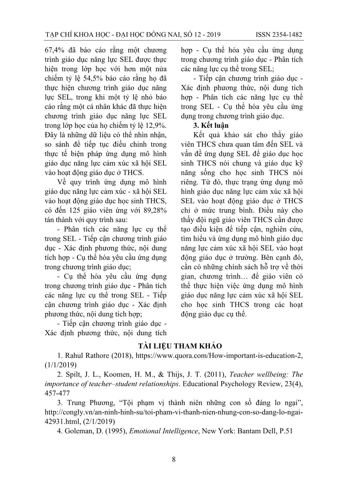 Thực trạng ứng dụng mô hình giáo dục năng lực cảm xúc xã hội SEL của giáo viên vào hoạt động giáo dục ở bậc Trung học Cơ sở địa bàn thành phố Hồ Chí Minh trang 8