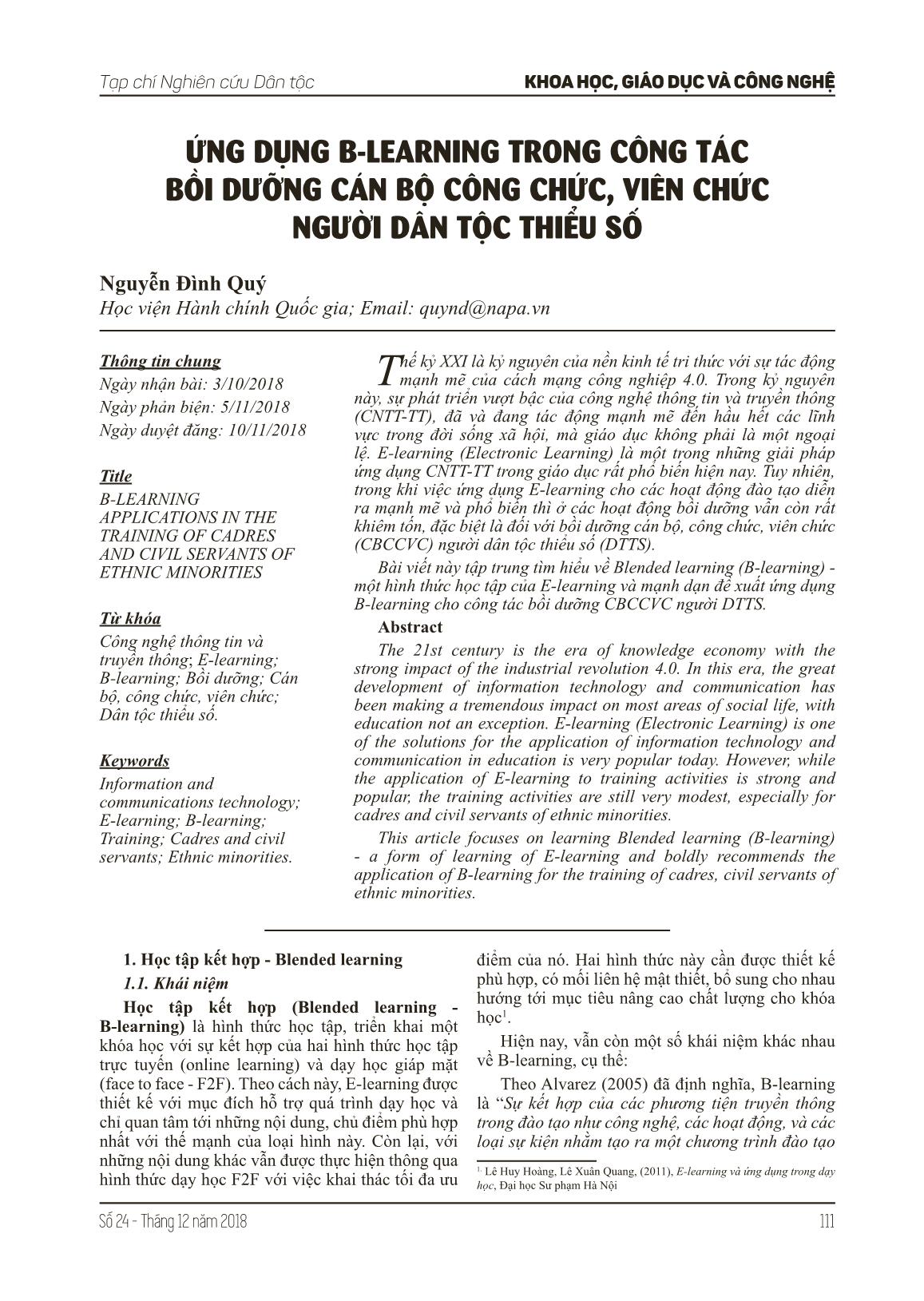 Ứng dụng B-Learning trong công tác bồi dưỡng cán bộ công chức, viên chức người dân tộc thiểu số trang 1