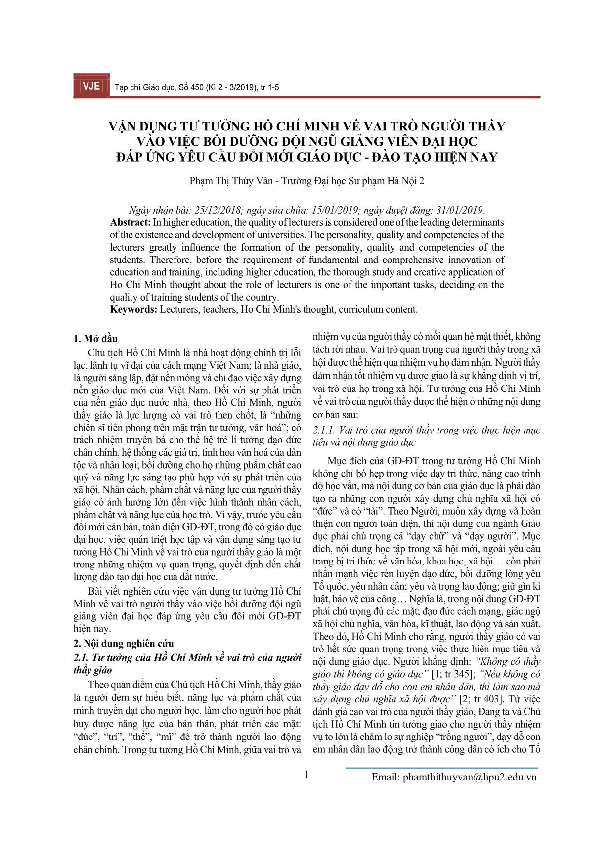 Vận dụng tư tưởng Hồ Chí Minh về vai trò người thầy vào việc bồi dưỡng đội ngũ giảng viên đại học đáp ứng yêu cầu đổi mới giáo dục & đào tạo hiện nay trang 1