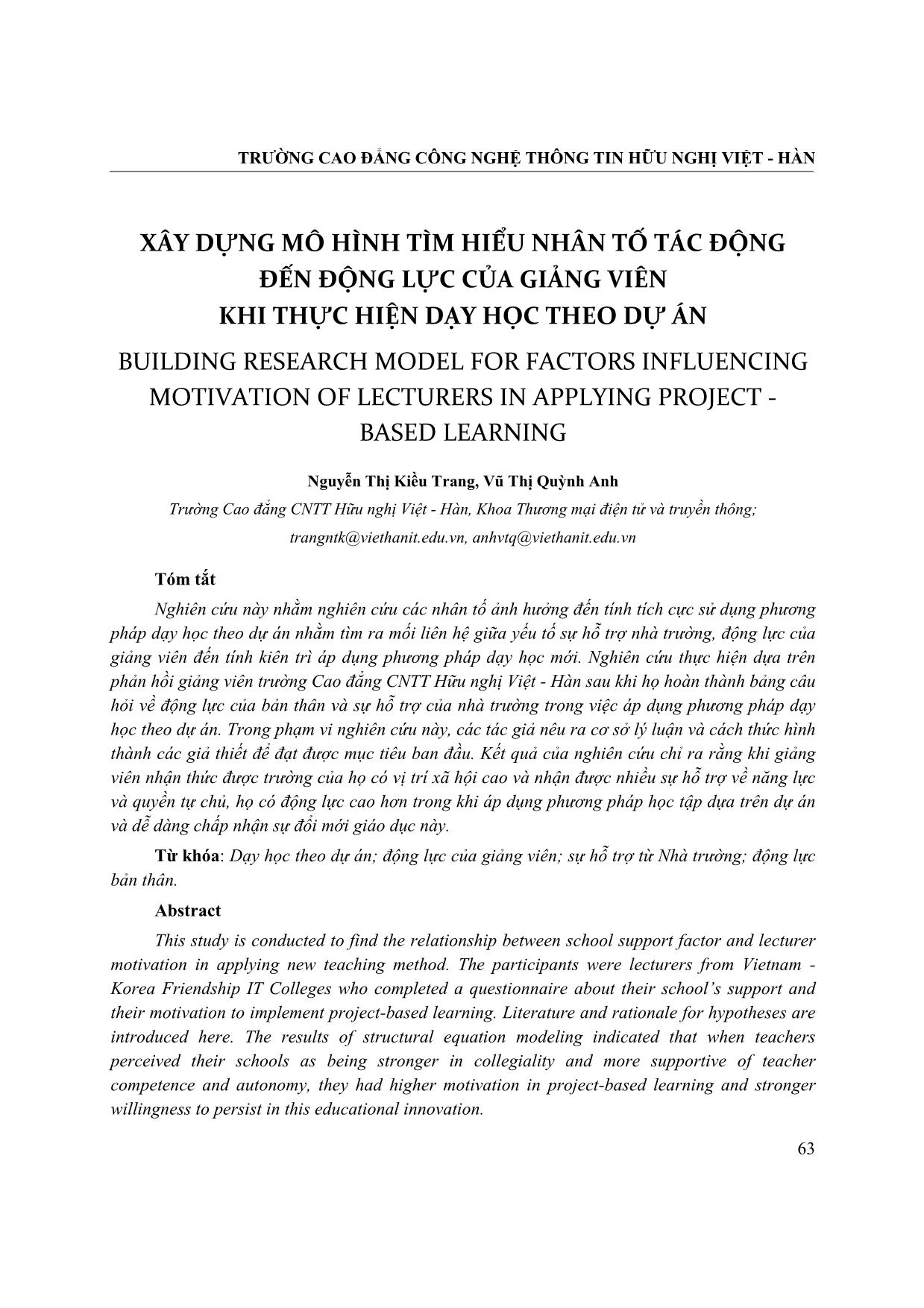 Xây dựng mô hình tìm hiểu nhân tố tác động đến động lực của giảng viên khi thực hiện dạy học theo dự án trang 3