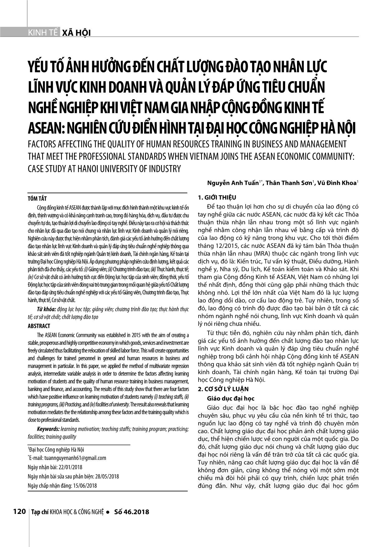 Yếu tố ảnh hưởng đến chất lượng đào tạo nhân lực lĩnh vực kinh doanh và quản lý đáp ứng tiêu chuẩn nghề nghiệp khi Việt Nam gia nhập cộng đồng kinh tế Asean: Nghiên cứu điển hình tại Đại học Công nghiệp Hà Nội trang 1