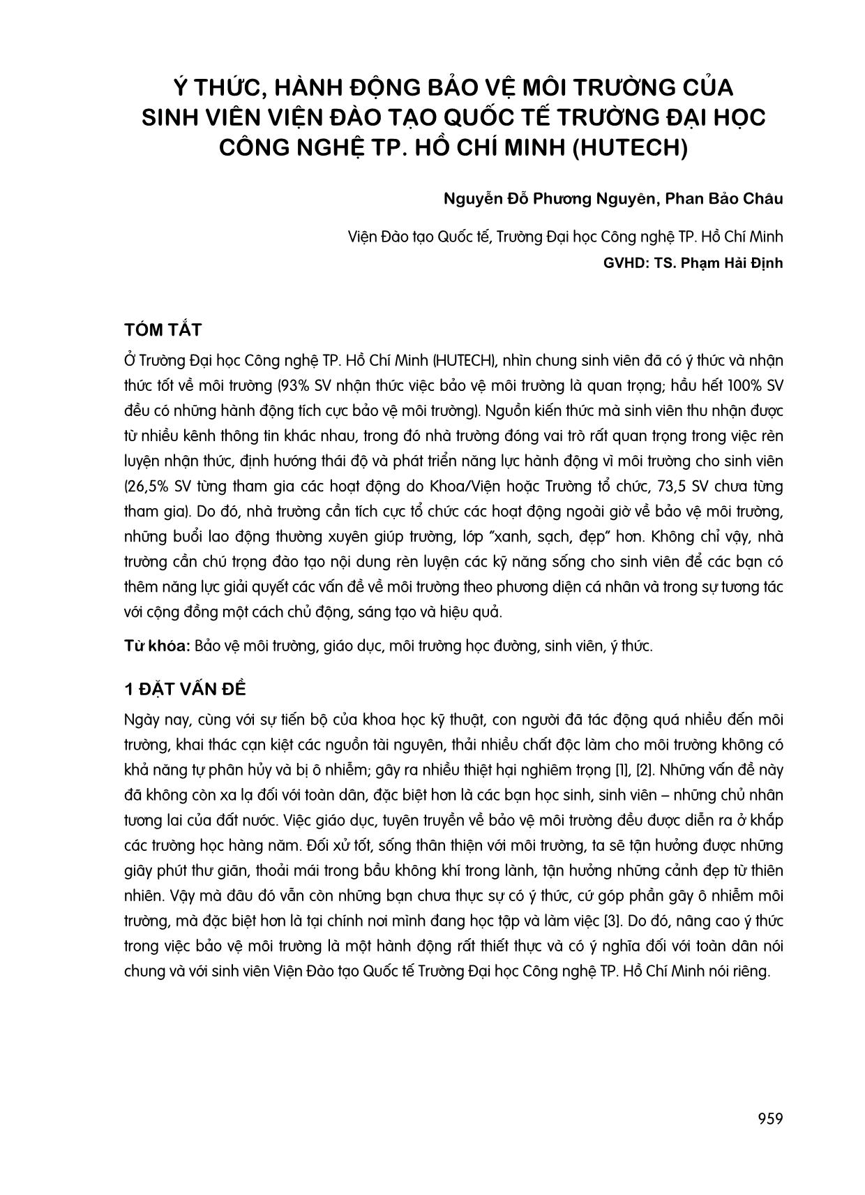 Ý thức, hành động bảo vệ môi trường của sinh viên viện đào tạo quốc tế trường Đại học Công nghệ thành phố Hồ Chí Minh (Hutech) trang 1