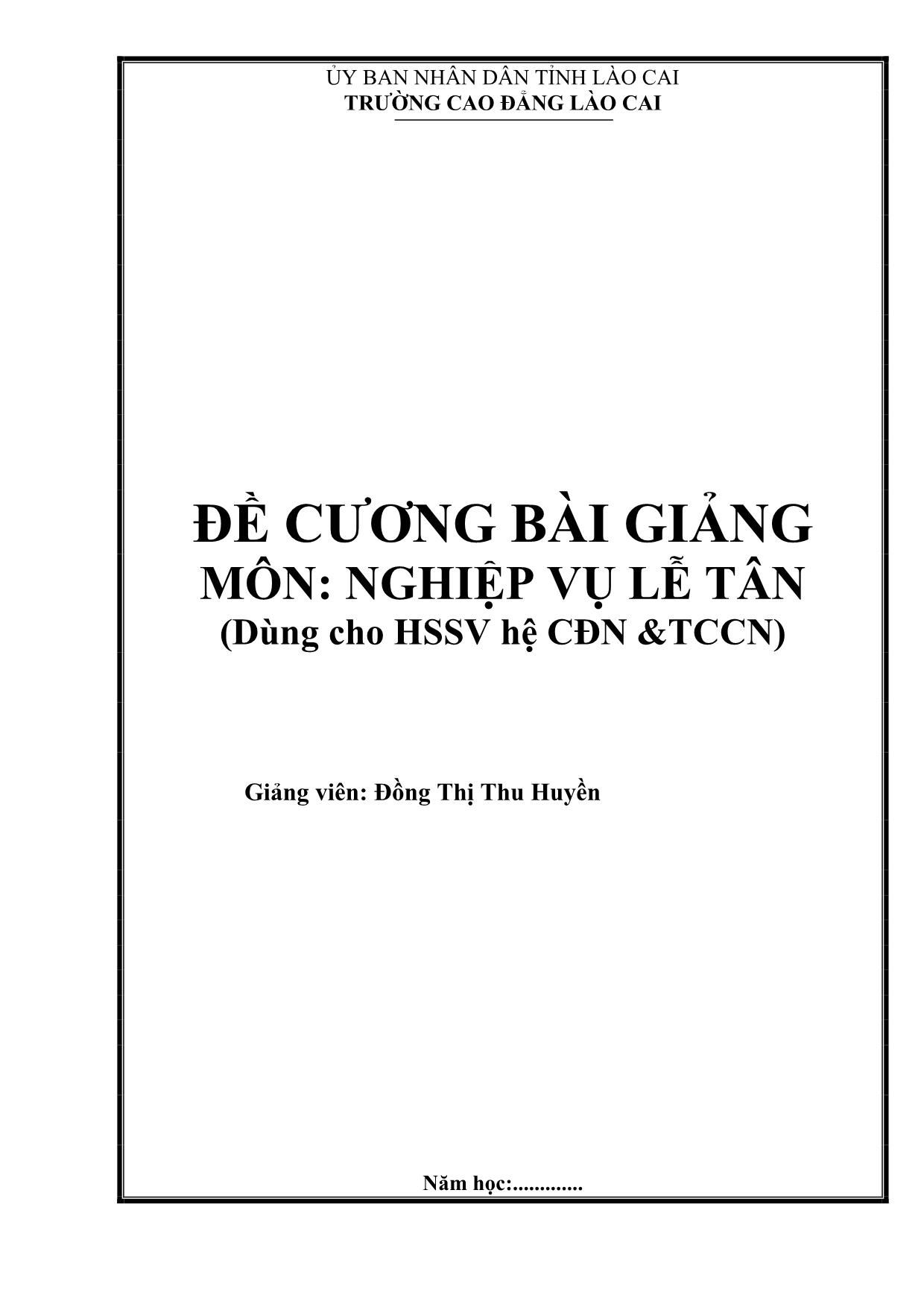 Đề cương bài giảng môn Nghiệp vụ lễ tân -  Đồng Thị Thu Huyền trang 1