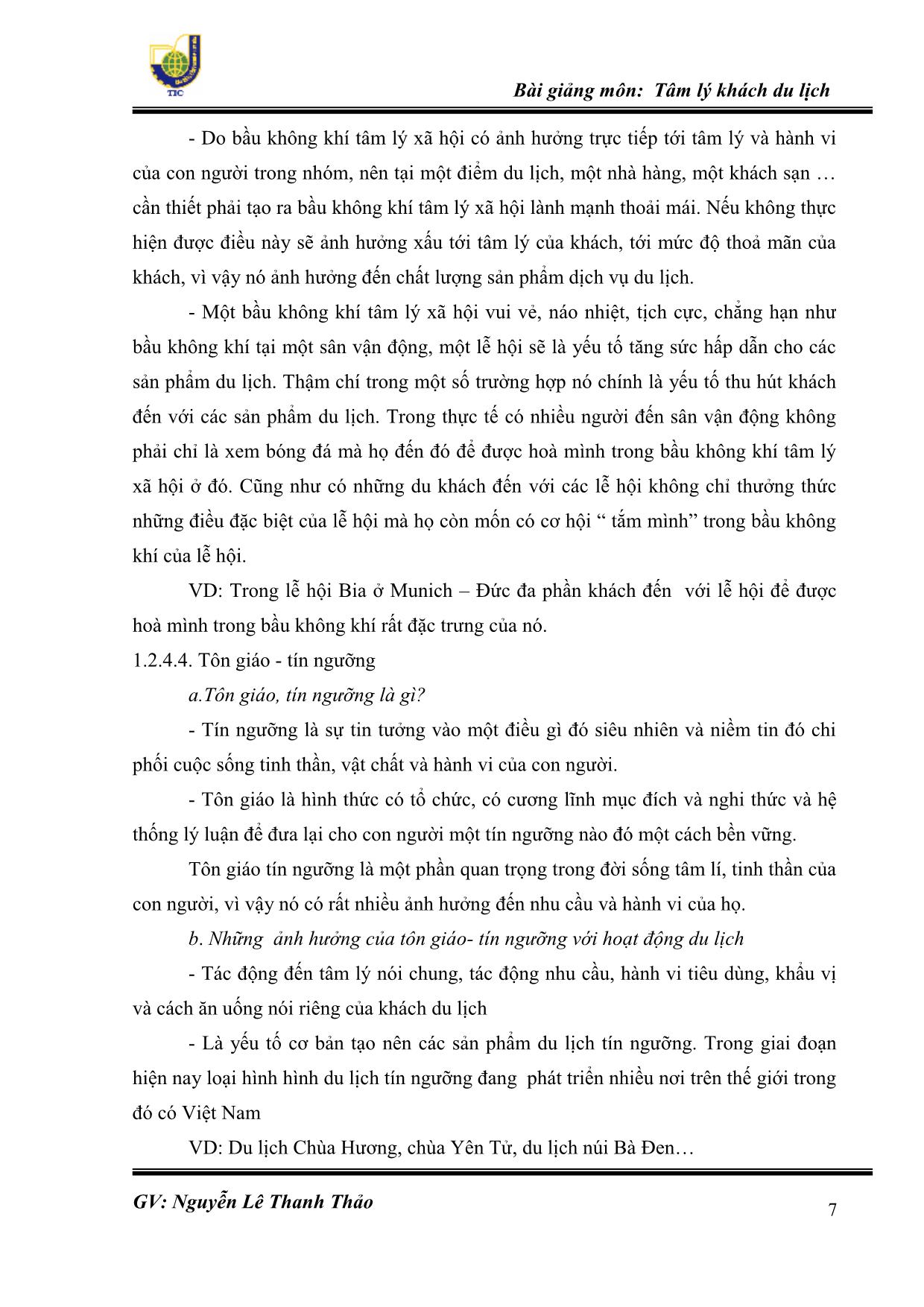 Bài giảng Tâm lý khách du lịch - Nguyễn Lê Thanh Thảo trang 7