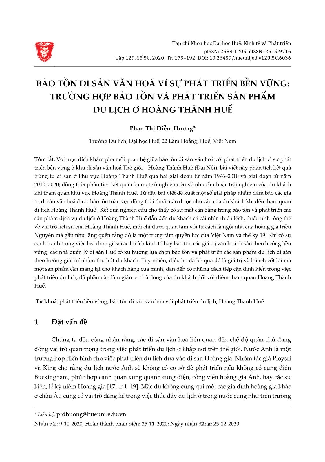 Bảo tồn di sản văn hoá vì sự phát triển bền vững: Trường hợp bảo tồn và phát triển sản phẩm du lịch ở Hoàng thành Huế trang 1