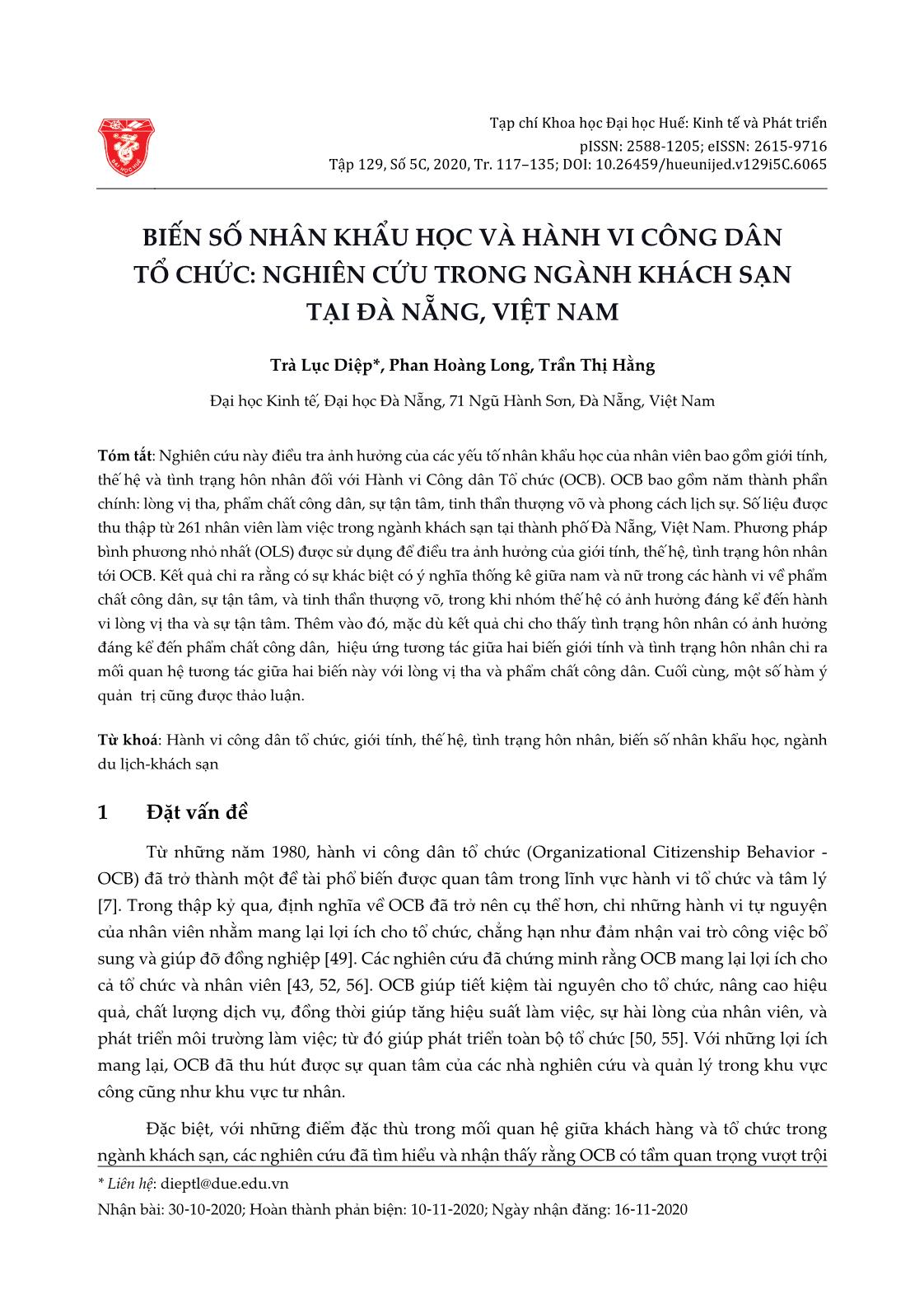 Biến số nhân khẩu học và hành vi công dân tổ chức: Nghiên cứu trong ngành Khách sạn tại Đà Nẵng, Việt Nam trang 1