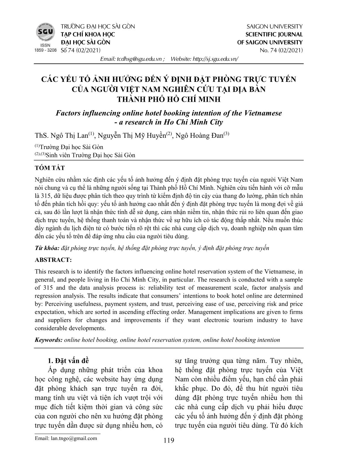 Các yếu tố ảnh hưởng đến ý định đặt phòng trực tuyến của người Việt Nam nghiên cứu tại địa bàn thành phố Hồ Chí Minh trang 1