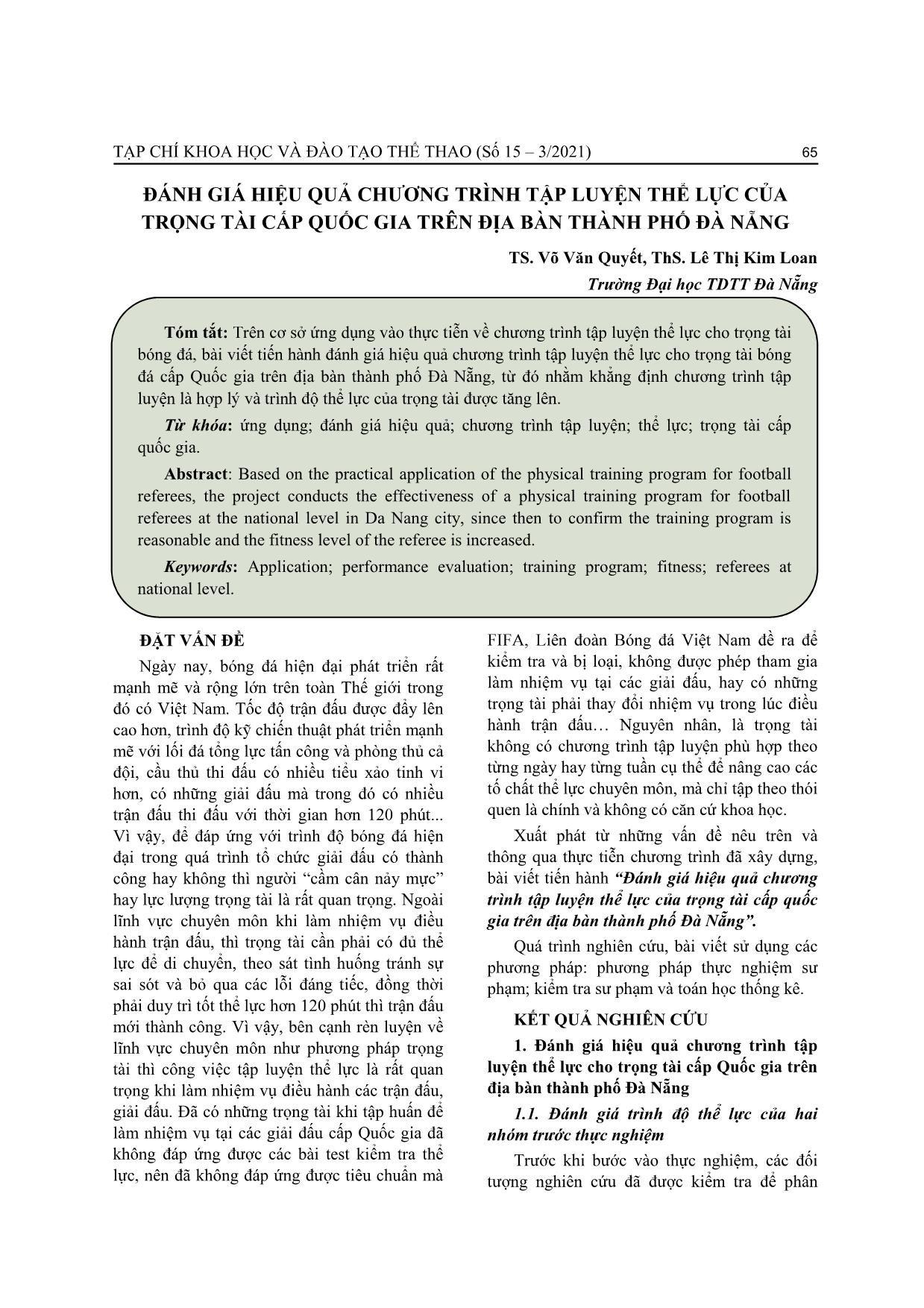 Đánh giá hiệu quả chương trình tập luyện thể lực của trọng tài cấp quốc gia trên địa bàn thành phố Đà Nẵng trang 1