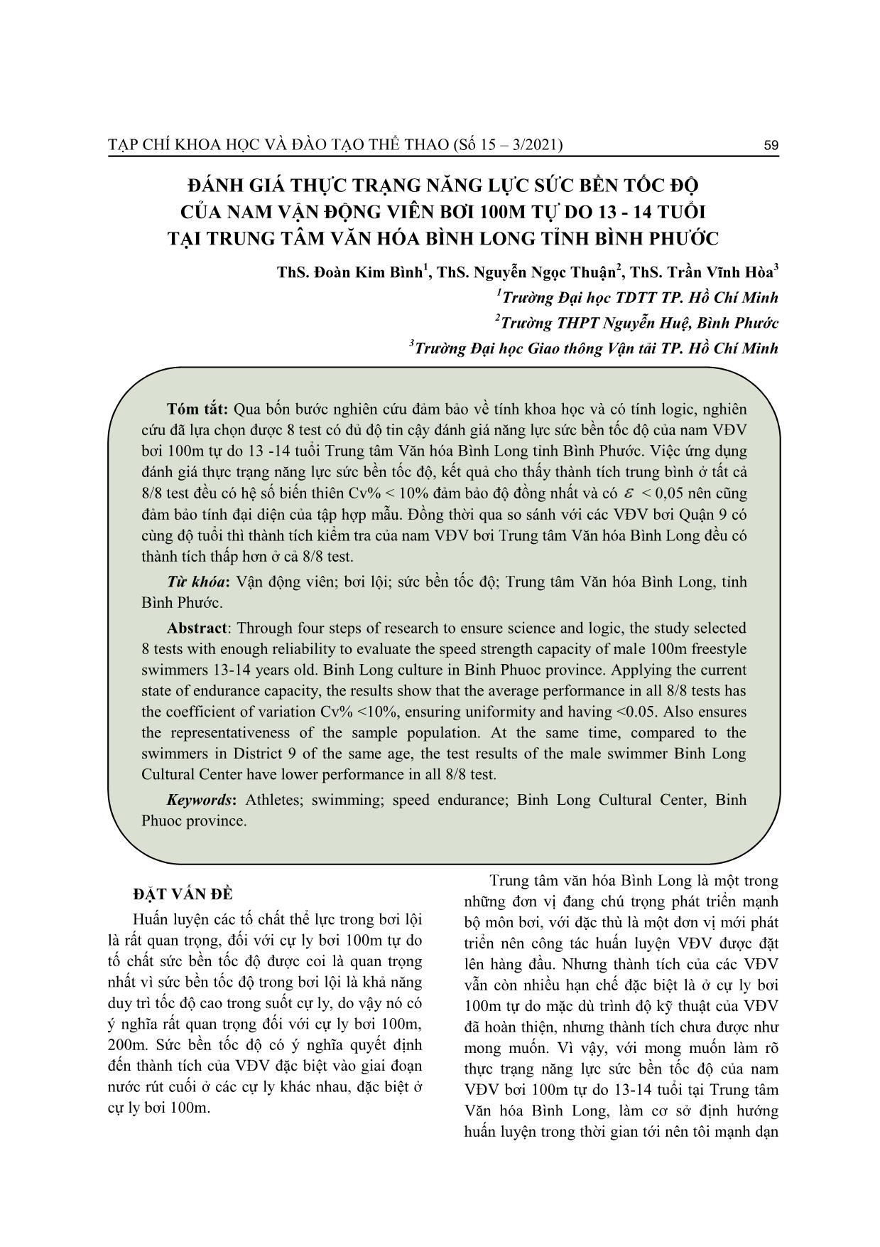 Đánh giá thực trạng năng lực sức bền tốc độ của nam vận động viên bơi 100m tự do 13-14 tuổi tại Trung tâm Văn hóa Bình Long tỉnh Bình Phước trang 1