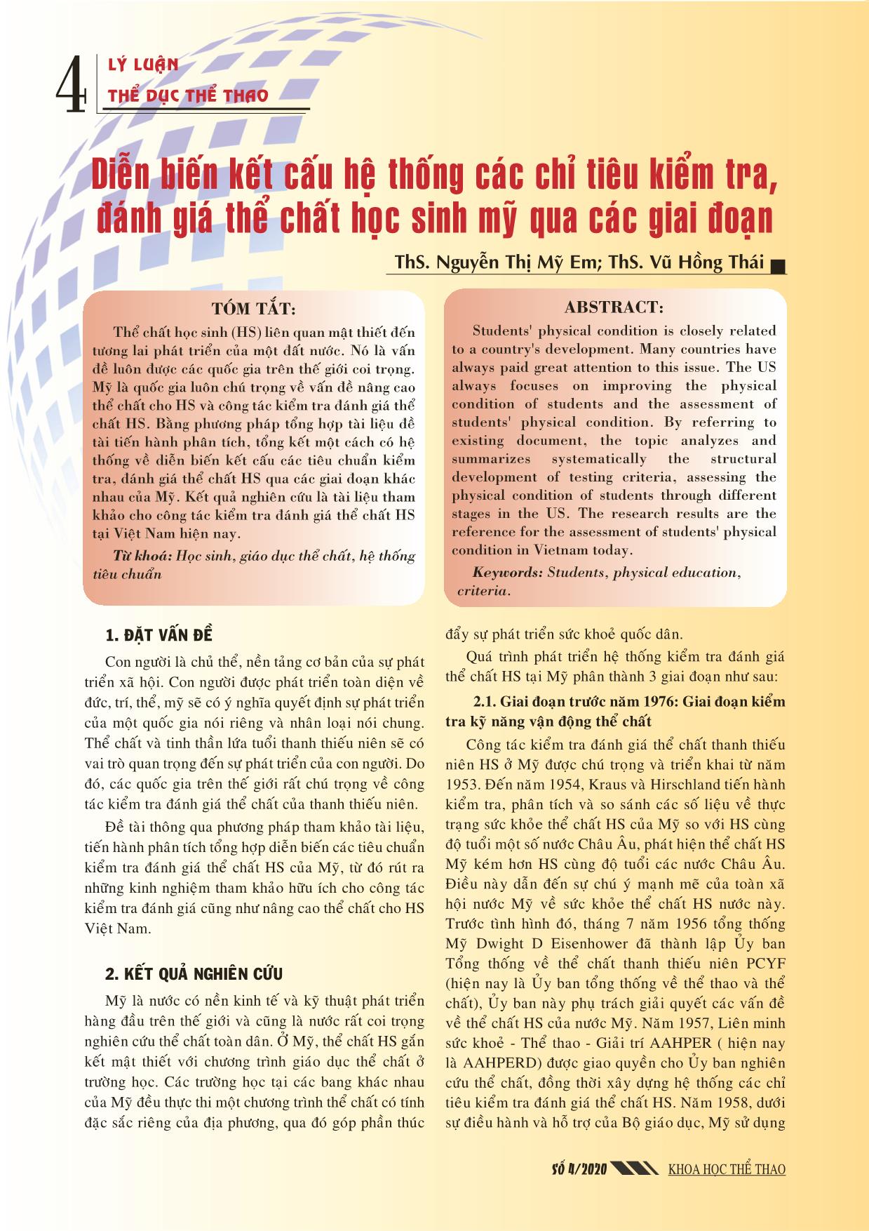 Diễn biến kết cấu hệ thống các chỉ tiêu kiểm tra, đánh giá thể chất học sinh Mỹ qua các giai đoạn trang 1