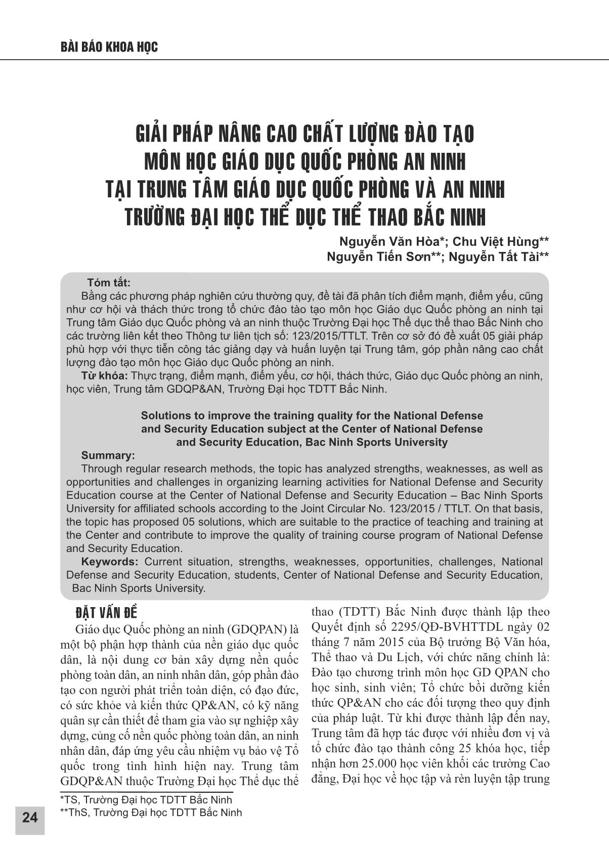 Giải pháp nâng cao chất lượng đào tạo môn học Giáo dục quốc phòng an ninh tại Trung tâm giáo dục quốc phòng và an ninh trường Đại học Thể dục Thể thao Bắc Ninh trang 1