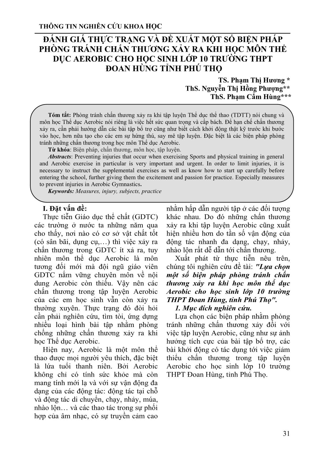 Đánh giá thực trạng và đề xuất một số biện pháp phòng tránh chấn thương xảy ra khi học môn thể dục Aerobic cho học sinh Lớp 10 trường THPT Đoan Hùng tỉnh Phú Thọ trang 1