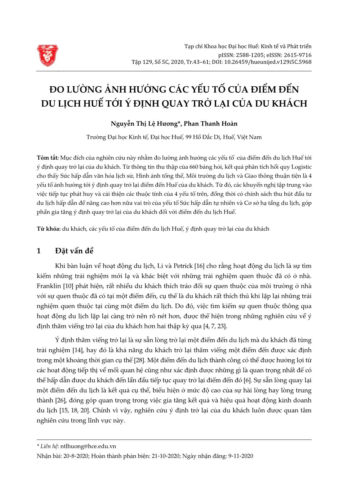 Đo lường ảnh hưởng các yếu tố của điểm đến du lịch Huế tới ý định quay trở lại của du khách trang 1