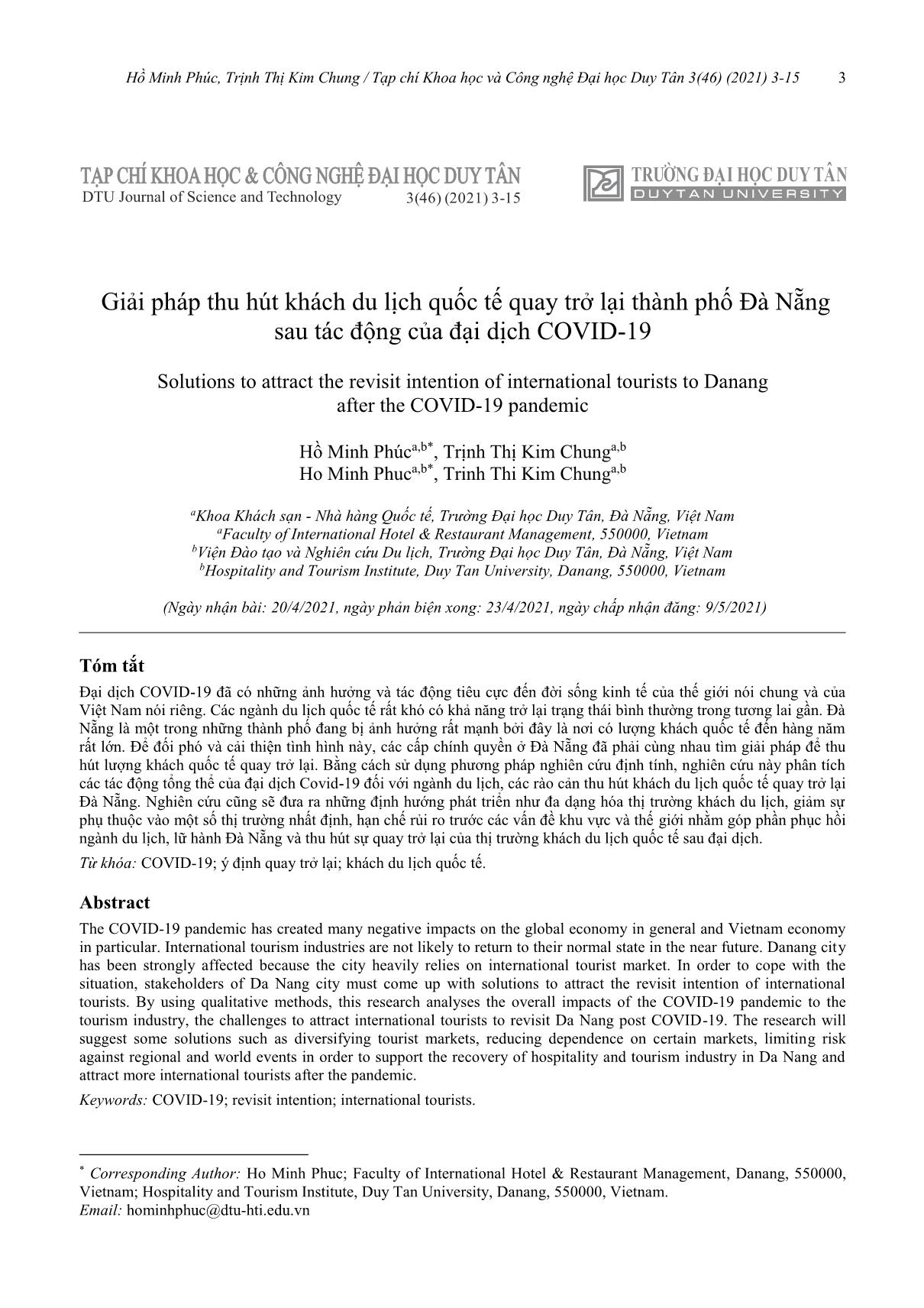 Giải pháp thu hút khách du lịch quốc tế quay trở lại thành phố Đà Nẵng sau tác động của đại dịch Covid-19 trang 1