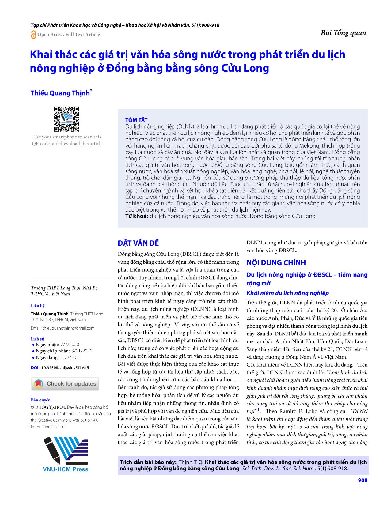 Khai thác các giá trị văn hóa sông nước trong phát triển du lịch nông nghiệp ở Đồng bằng bằng sông Cửu Long trang 1