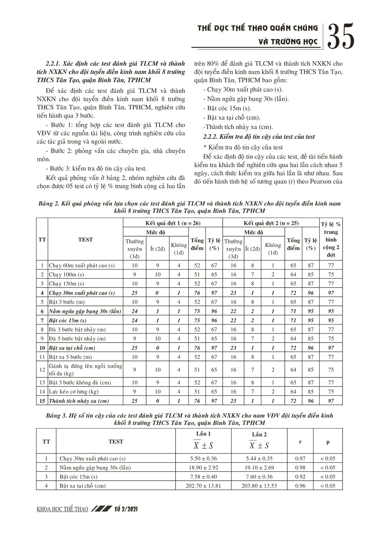 Sử dụng các phương pháp nghiên cứu thường quy trong thể dục thể thao (TDTT), nhóm nghiên cứu đã lựa chọn được 20 bài tập nâng cao thể lực chuyên môn (TLCM) và thành tích nhảy xa “kiểu ngồi” (NXKN) cho nam vận động viên (VĐV) đội tuyển điền kinh nam Khối 8 trang 4