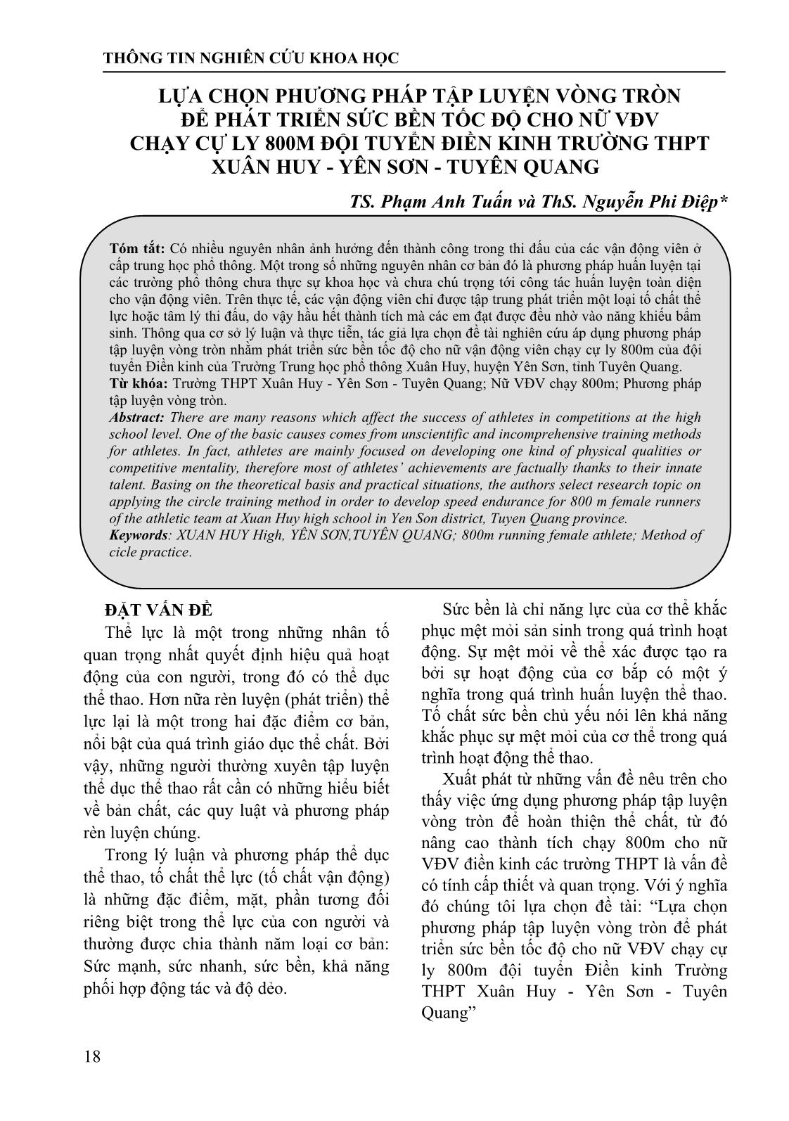 Lựa chọn phương pháp tập luyện vòng tròn để phát triển sức bền tốc độ cho nữ vận động viên chạy cự ly 800m đội tuyển điền kinh trường THPT Xuân Huy - Yên Sơn - Tuyên Quang trang 1