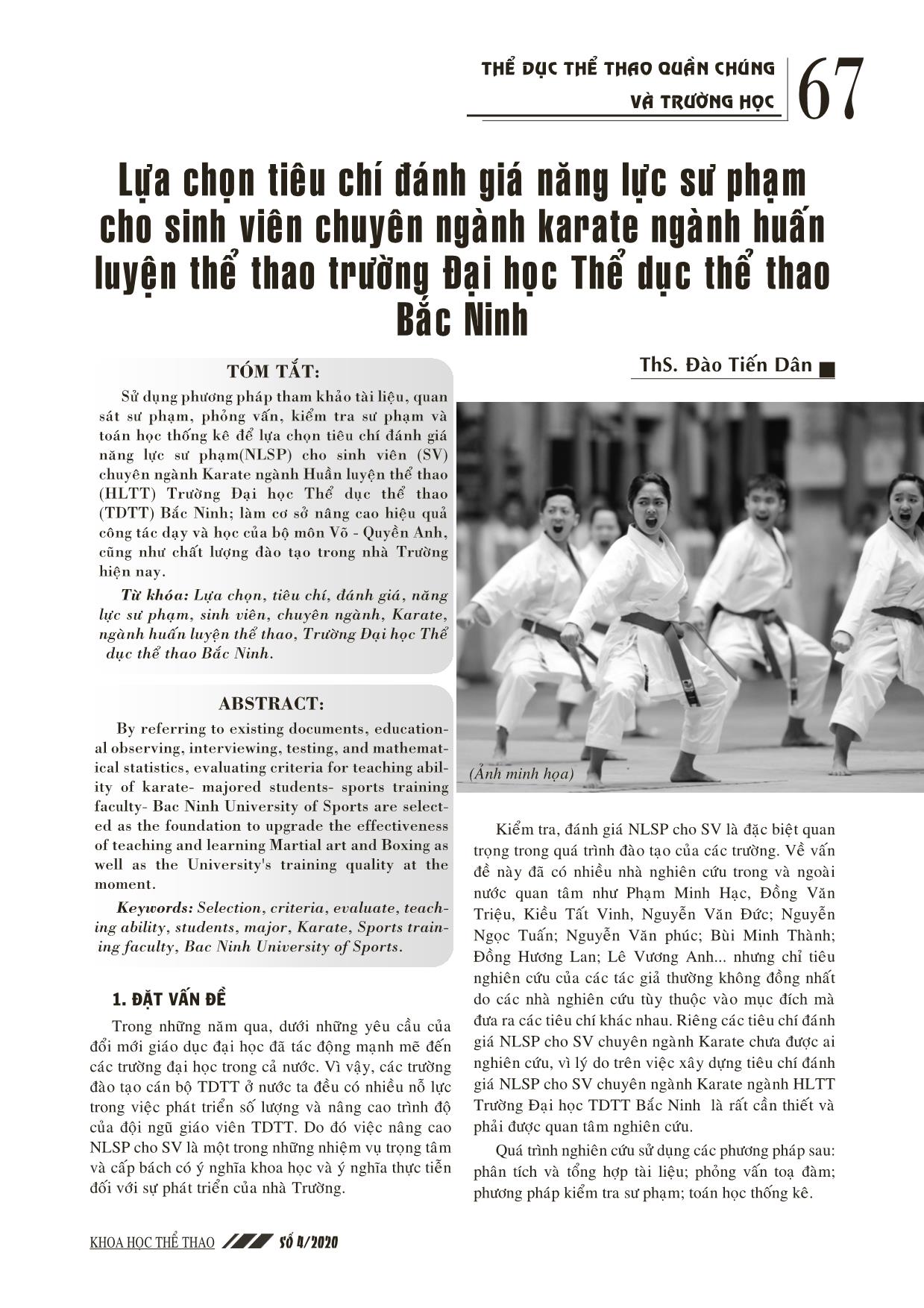 Lựa chọn tiêu chí đánh giá năng lực sư phạm cho sinh viên chuyên ngành Karate ngành Huấn luyện thể thao trường Đại học Thể dục thể thao Bắc Ninh trang 1