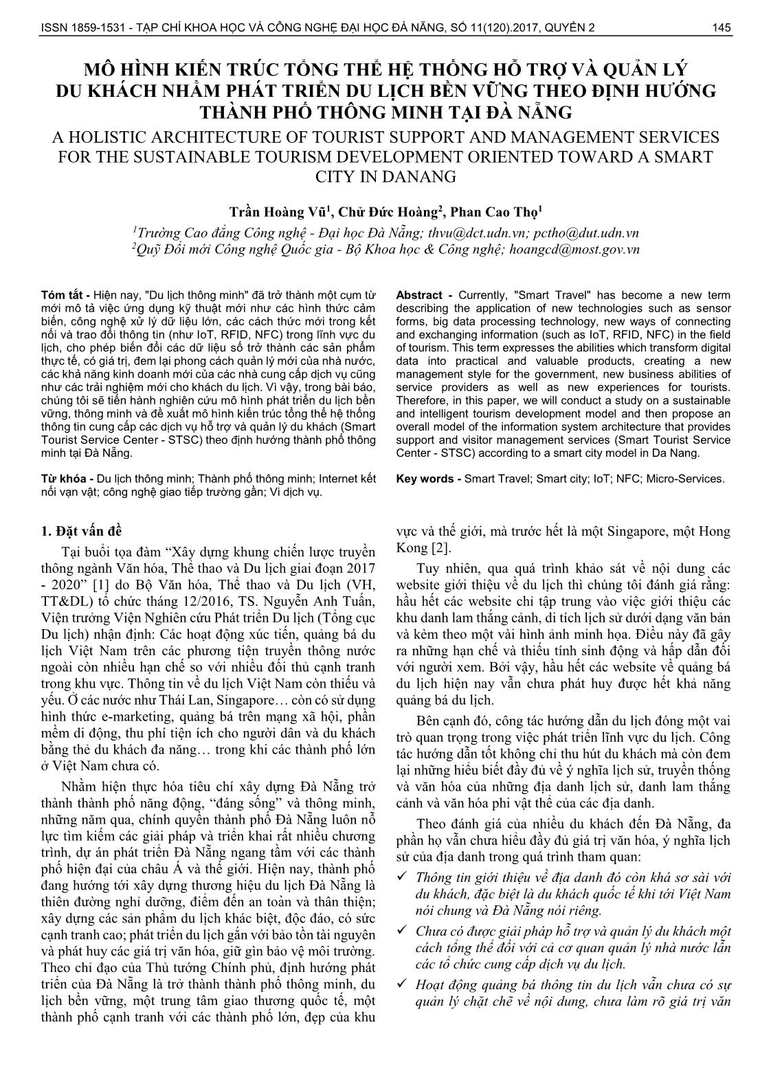 Mô hình kiến trúc tổng thể hệ thống hỗ trợ và quản lý du khách nhằm phát triển du lịch bền vững theo định hướng thành phố thông minh tại Đà Nẵng trang 1
