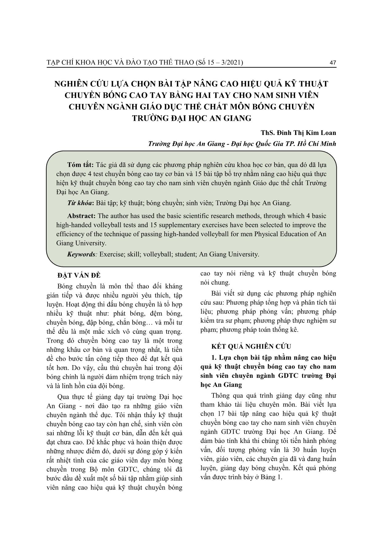 Nghiên cứu lựa chọn bài tập nâng cao hiệu quả kỹ thuật chuyền bóng cao tay bằng hai tay cho nam sinh viên chuyên ngành Giáo dục thể chất môn Bóng chuyền trường Đại học An Giang trang 1