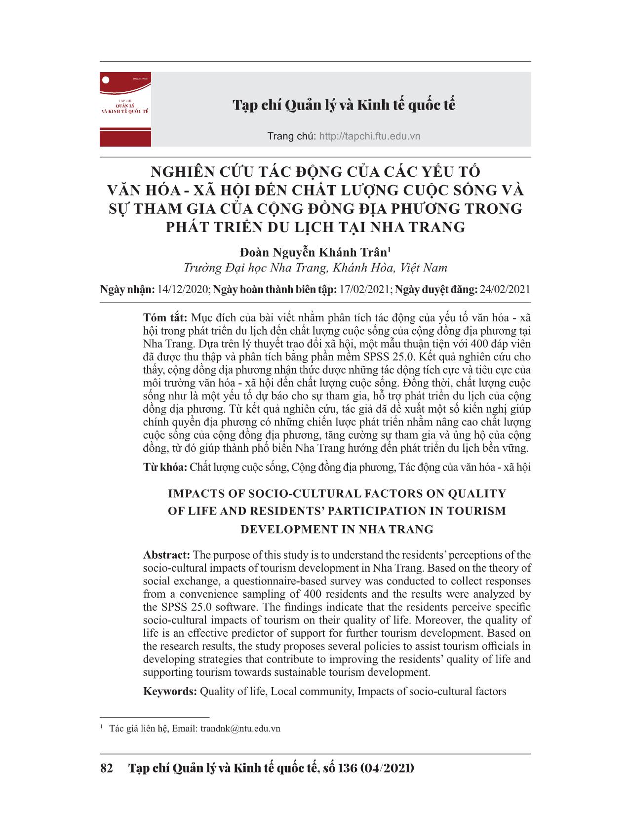 Nghiên cứu tác động của các yếu tố văn hóa - xã hội đến chất lượng cuộc sống và sự tham gia của cộng đồng địa phương trong phát triển du lịch tại Nha Trang trang 1
