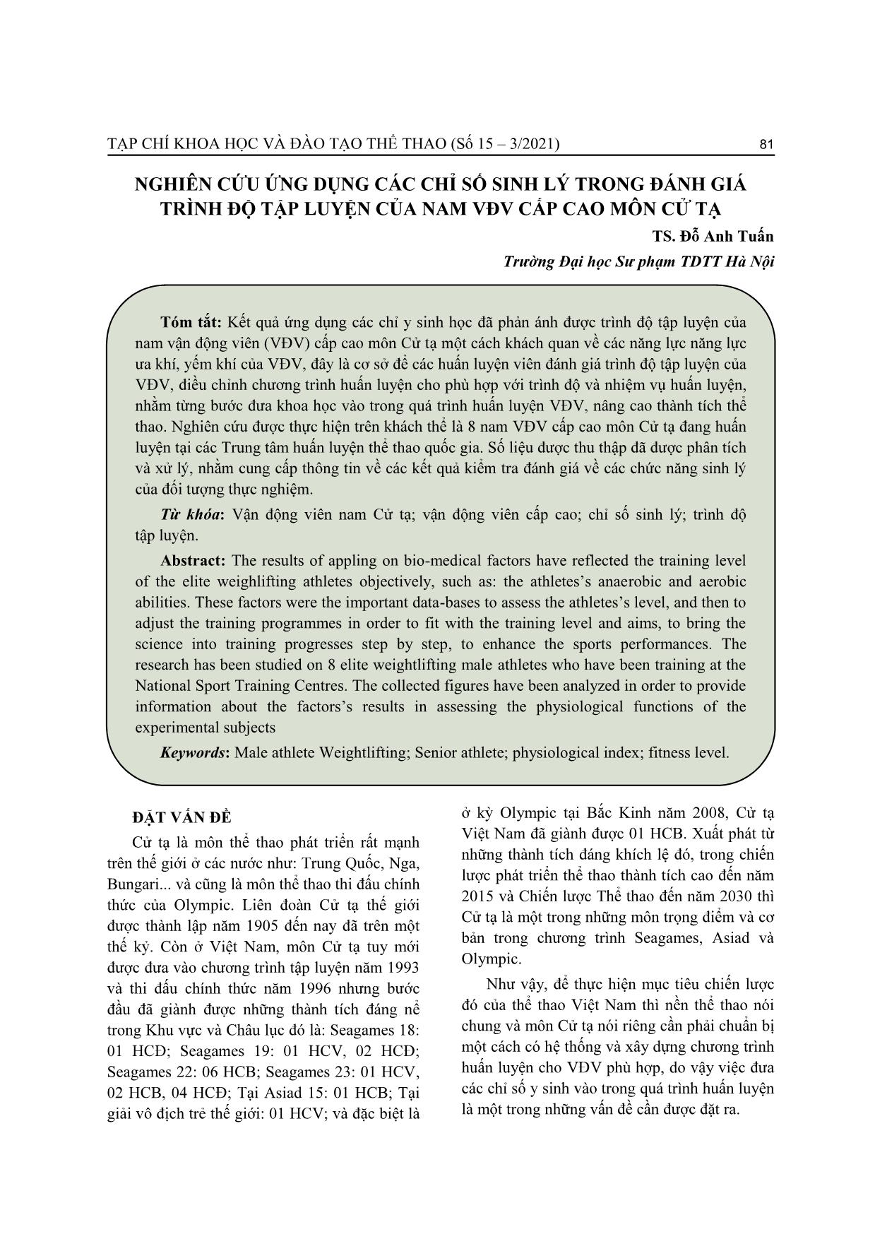 Nghiên cứu ứng dụng các chỉ số sinh lý trong đánh giá trình độ tập luyện của nam vận động viên cấp cao môn Cử tạ trang 1