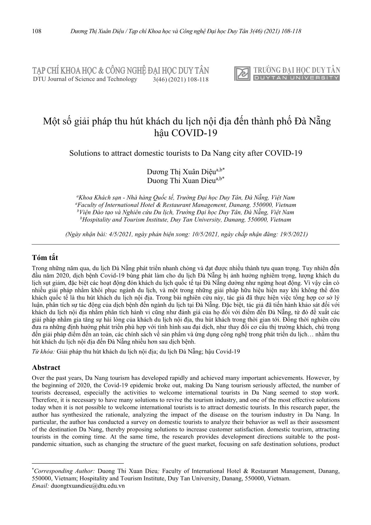 Một số giải pháp thu hút khách du lịch nội địa đến thành phố Đà Nẵng hậu Covid-19 trang 1