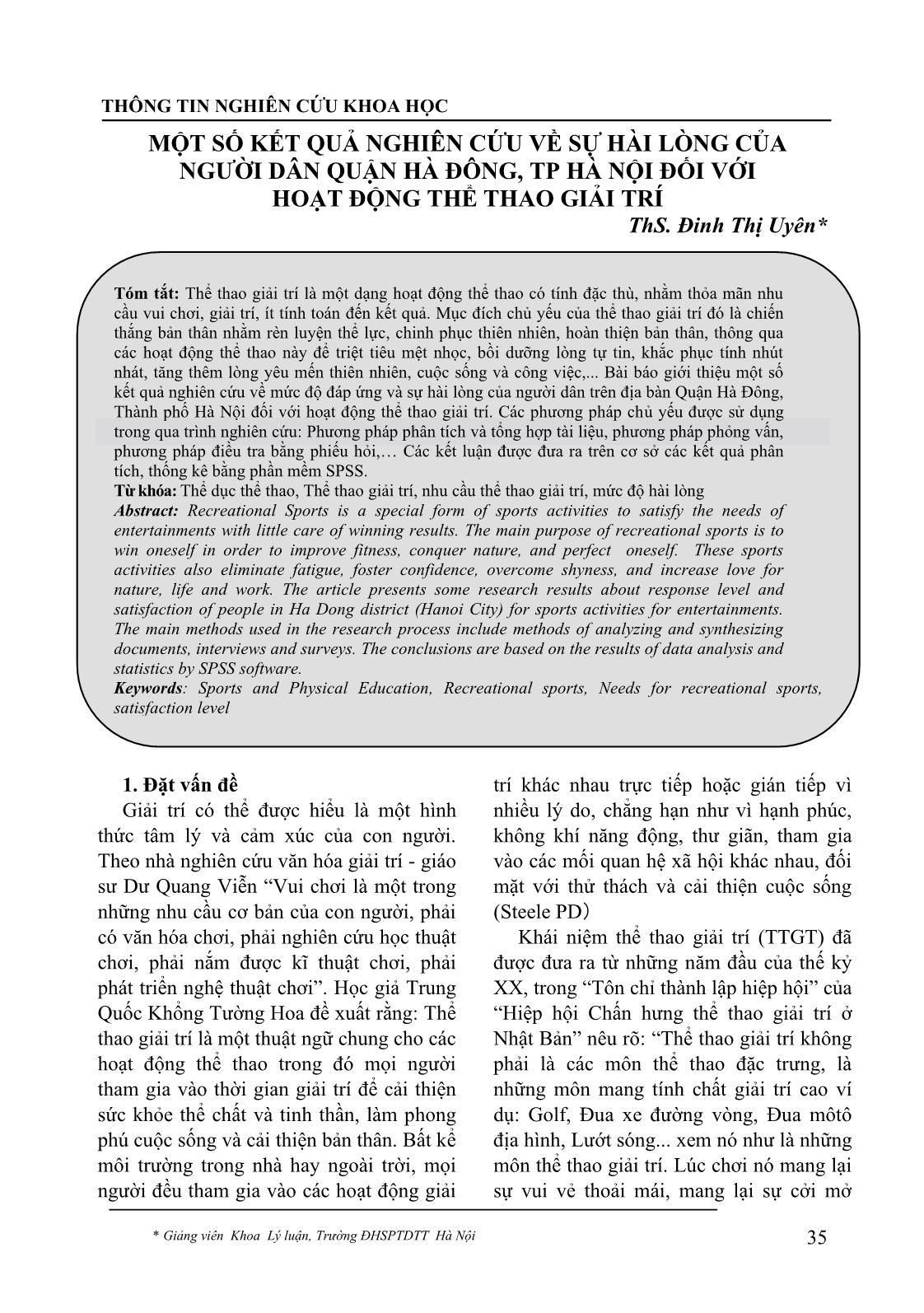 Một số kết quả nghiên cứu về sự hài lòng của người dân quận Hà Đông, thành phố Hà Nội đối với hoạt động thể thao giải trí trang 1