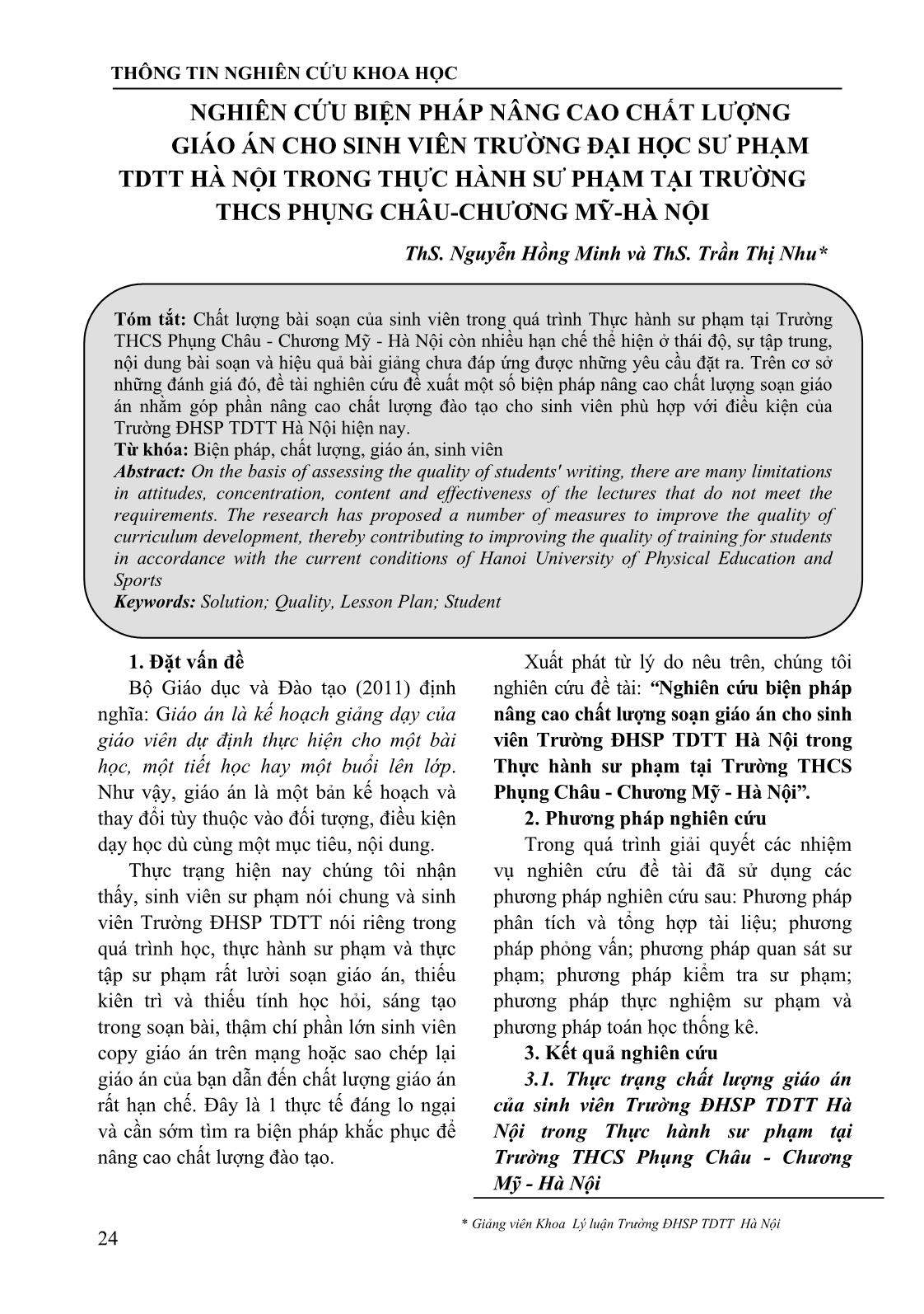 Nghiên cứu biện pháp nâng cao chất lượng giáo án cho sinh viên trường Đại học Sư phạm Thể dục Thể thao Hà Hội trong Thực hành sư phạm tại trường THCS Phụng Châu, Chương Mỹ, Hà Nội trang 1