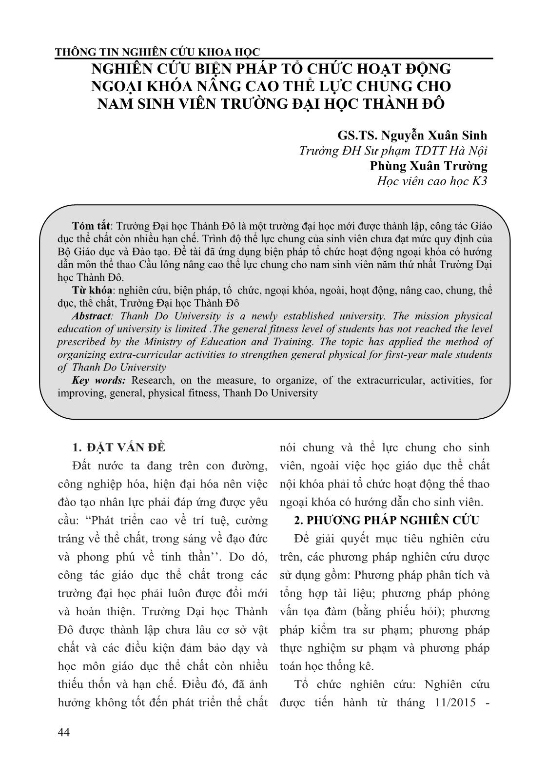 Nghiên cứu biện pháp tổ chức hoạt động ngoại khóa nâng cao thể lực chung cho nam sinh viên trường Đại học Thành Đô trang 1