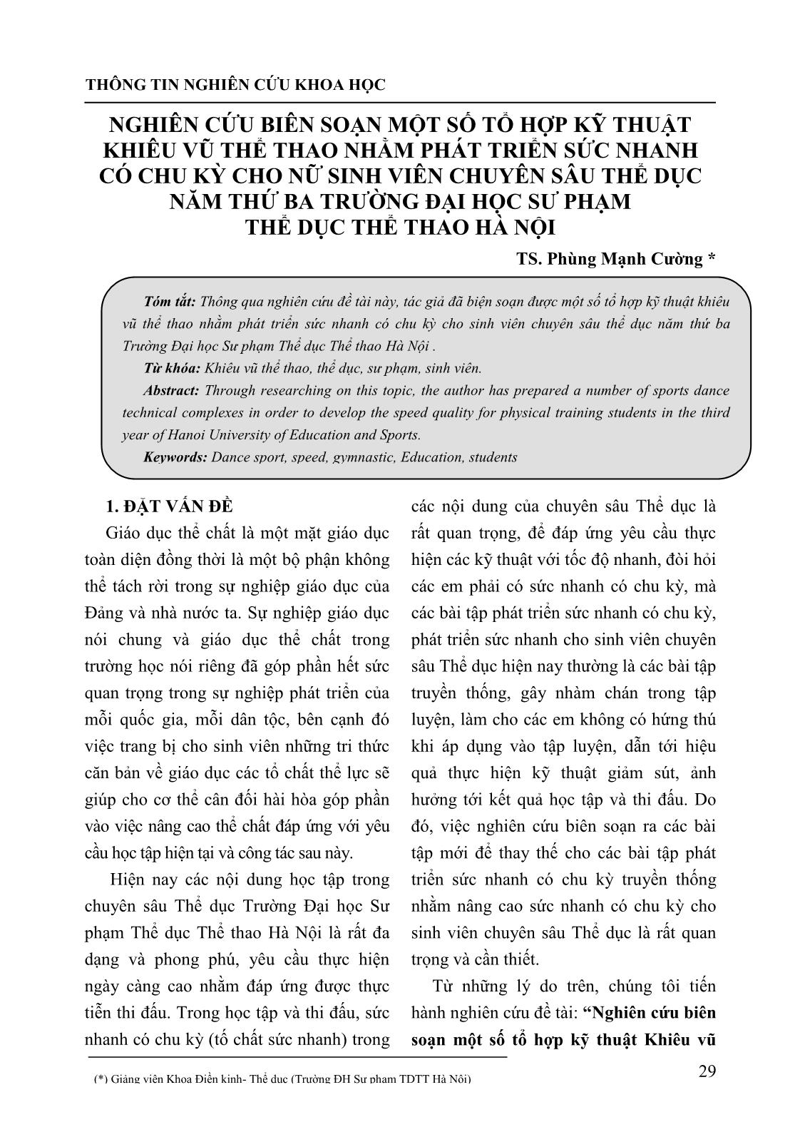 Nghiên cứu biên soạn một số tổ hợp kỹ thuật khiêu vũ thể thao nhằm phát triển sức nhanh có chu kỳ cho nữ sinh viên chuyên sâu thể dục năm thứ ba trường Đại học Sư phạm Thể dục Thể thao Hà Nội trang 1