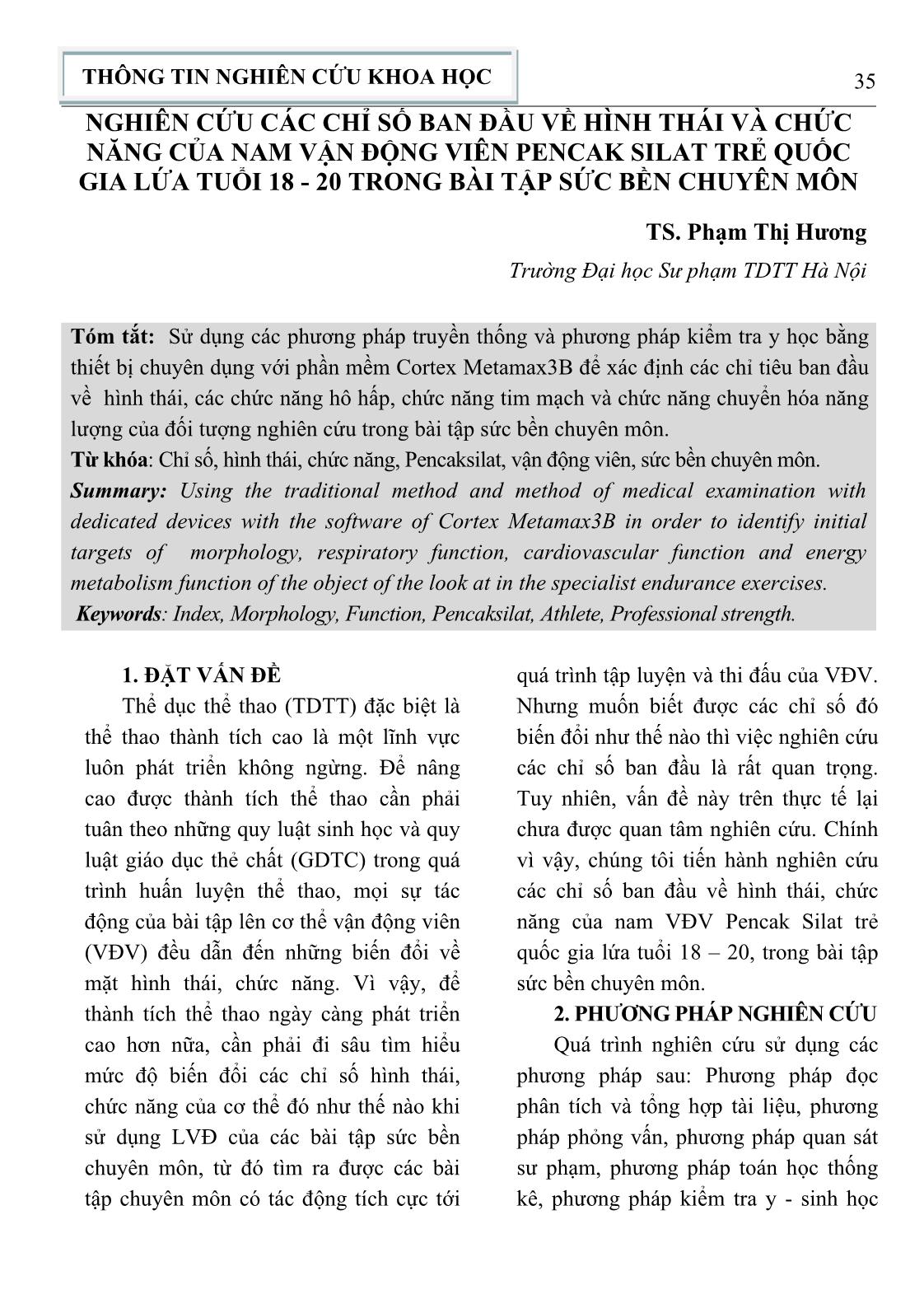 Nghiên cứu các chỉ số ban đầu về hình thái và chức năng của nam vận động viên Pencak Silat trẻ quốc gia lứa tuổi 18-20 trong bài tập sức bền chuyên môn trang 1