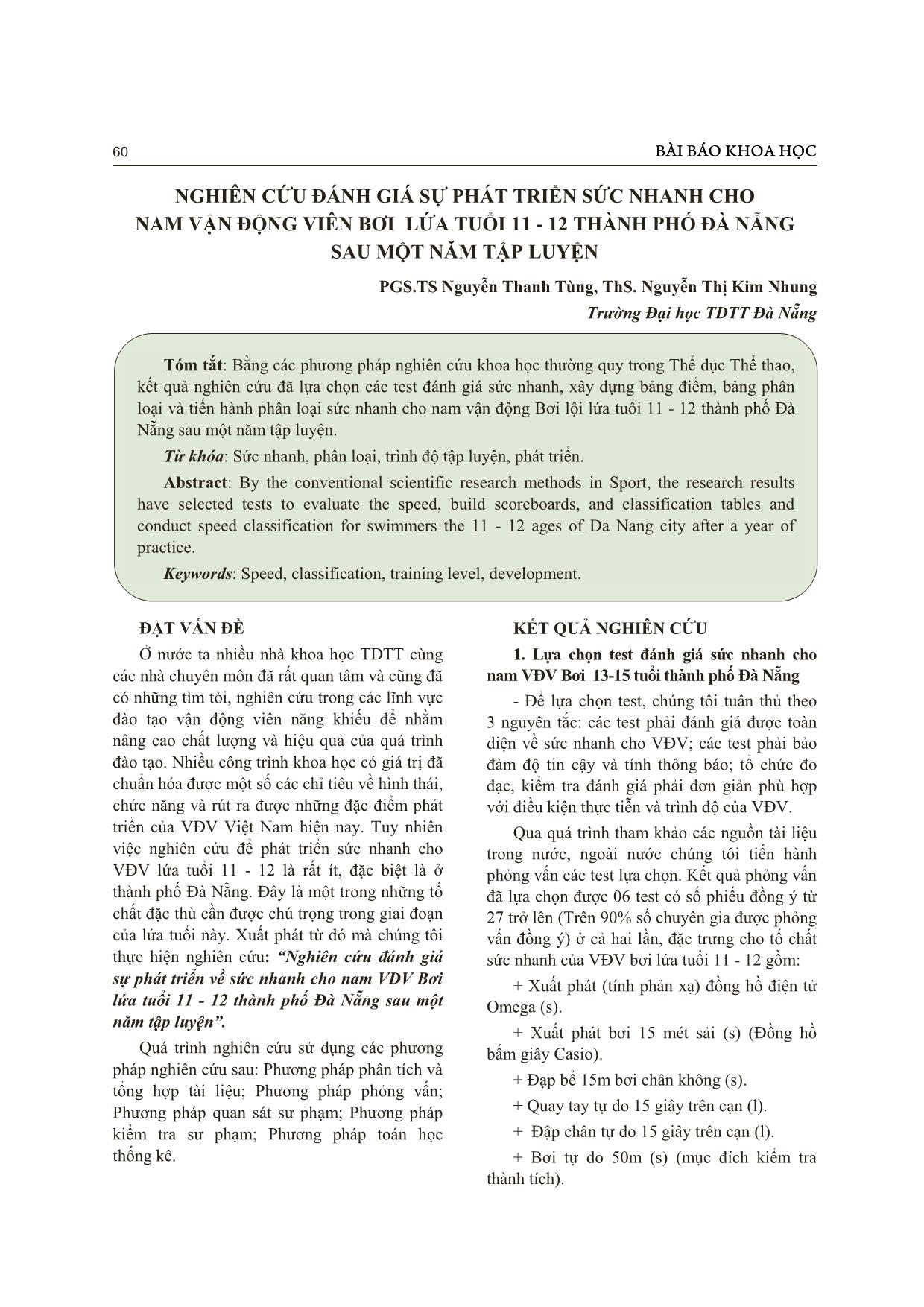 Nghiên cứu đánh giá sự phát triển sức nhanh cho nam vận động viên bơi lứa tuổi 11-12 thành phố Đà Nẵng sau một năm tập luyện trang 1