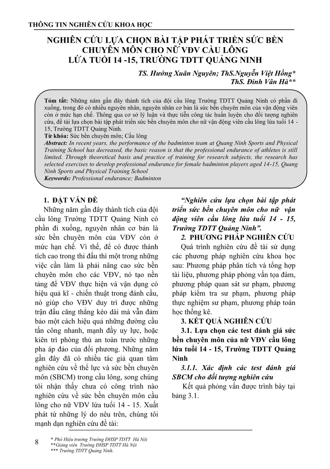 Nghiên cứu lựa chọn bài tập phát triển sức bền chuyên môn cho nữ vận động viên cầu lông lứa tuổi 14-15, trường Thể dục Thể thao Quảng Ninh trang 1