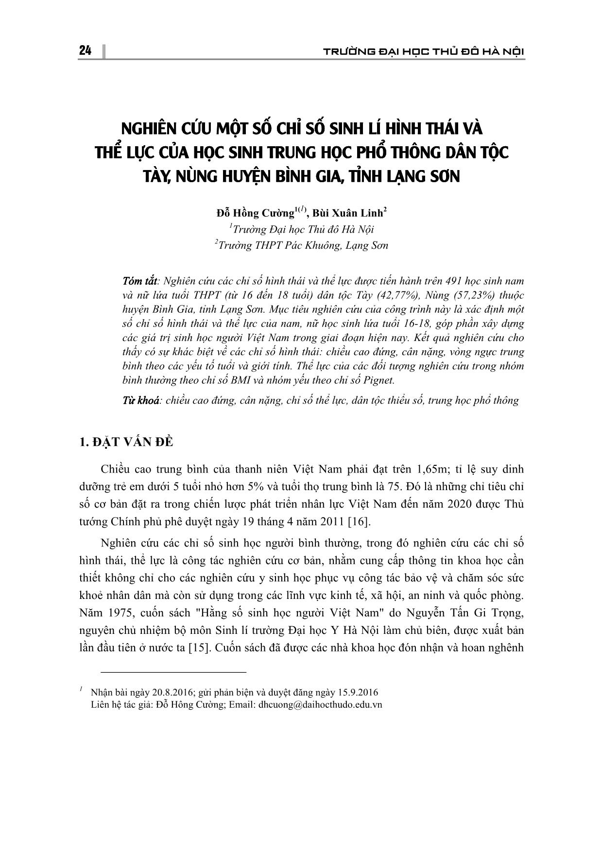 Nghiên cứu một số chỉ số sinh lý hình thái và thể lực của học sinh Trung học Phổ thông dân tộc Tày, Nùng huyện Bình Gia, tỉnh Lạng Sơn trang 1