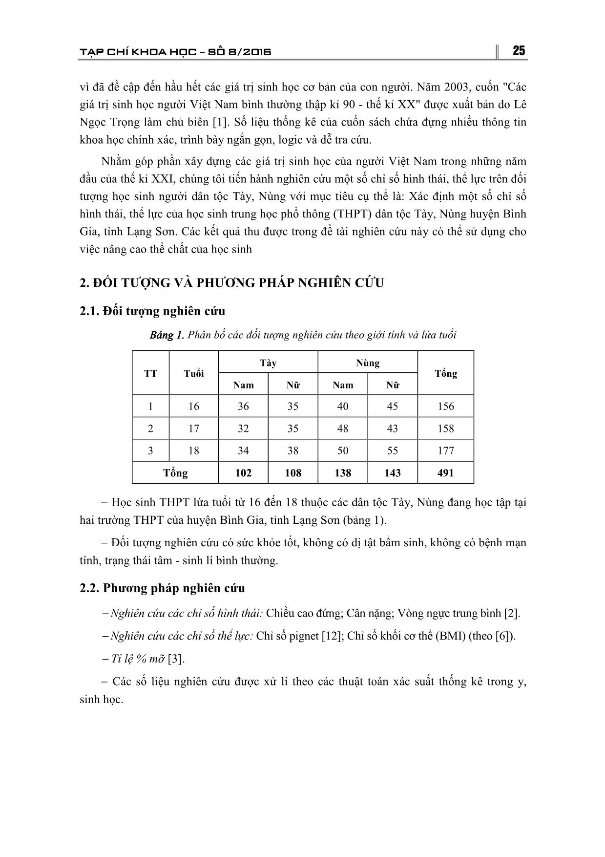 Nghiên cứu một số chỉ số sinh lý hình thái và thể lực của học sinh Trung học Phổ thông dân tộc Tày, Nùng huyện Bình Gia, tỉnh Lạng Sơn trang 2