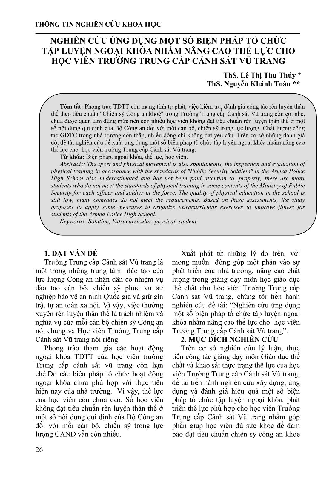 Nghiên cứu ứng dụng một số biện pháp tổ chức tập luyện ngoại khóa nhằm nâng cao thể lực cho học viên trường Trung cấp Cảnh sát Vũ trang trang 1