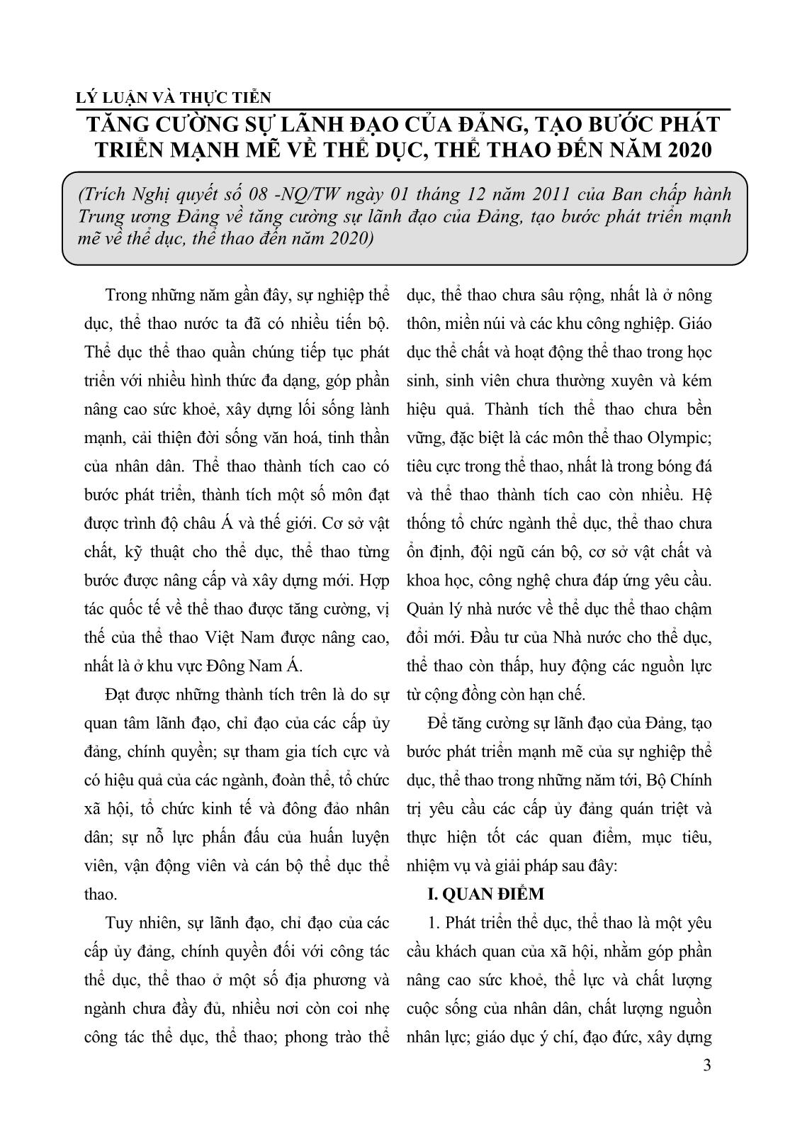 Tăng cường sự lãnh đạo của Đảng, tạo bước phát triển mạnh mẽ về thể dục, thể thao đến năm 2020 trang 1