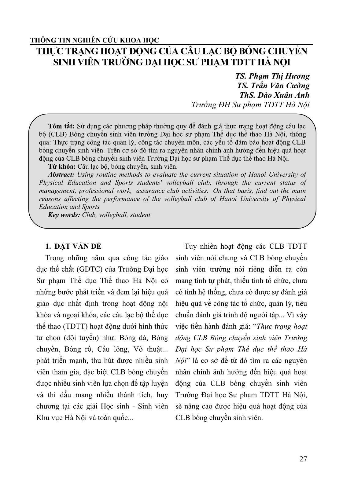 Thực trạng hoạt động của câu lạc bộ bóng chuyền sinh viên trường Đại học Sư phạm Thể dục Thể thao Hà Nội trang 1