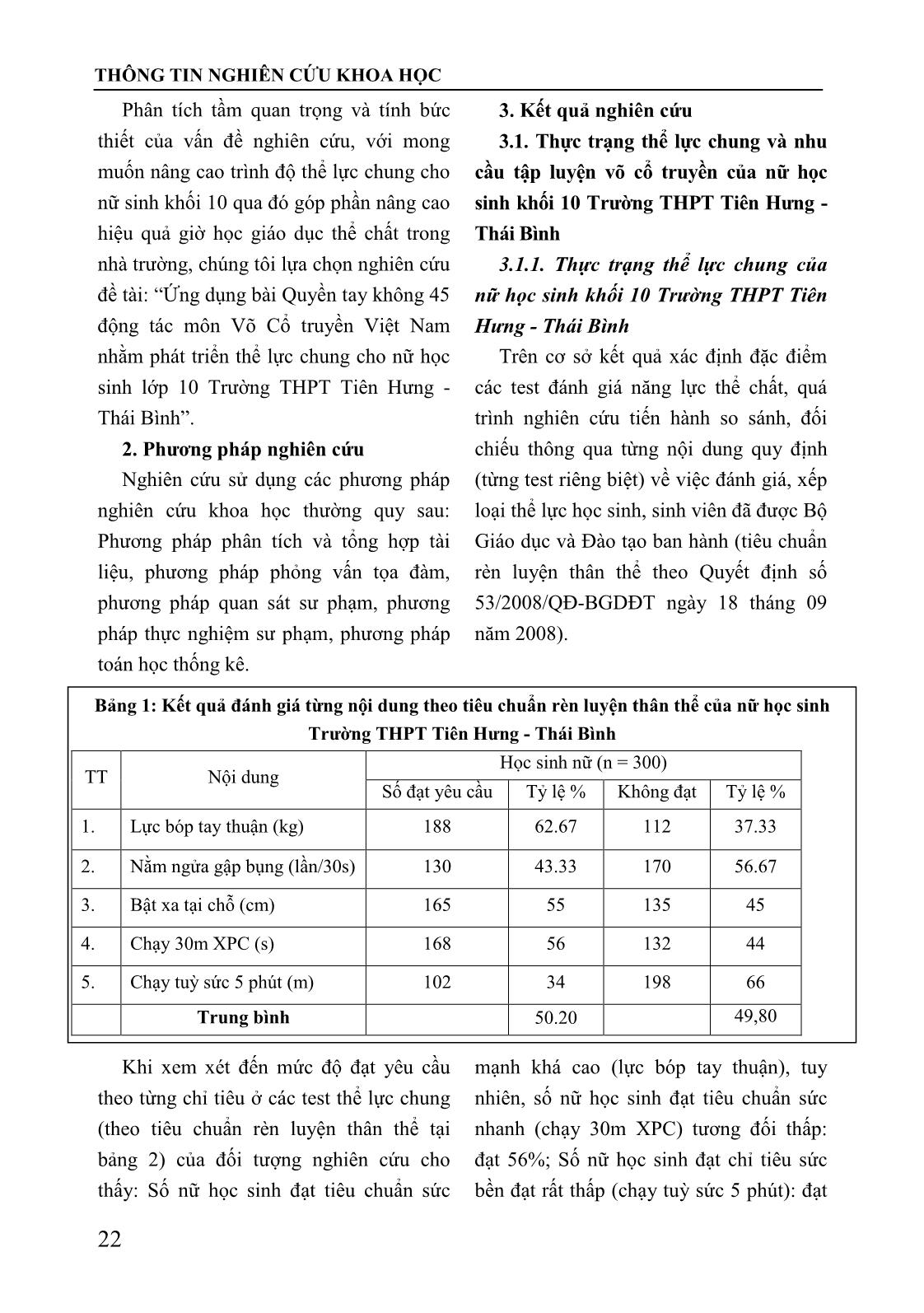 Ứng dụng “Bài quyền tay không 45 động tác” môn Võ cổ truyền Việt Nam nhằm phát triển thể lực chung cho nữ học sinh Lớp 10 trường THPT Tiên Hưng - Thái Bình trang 2