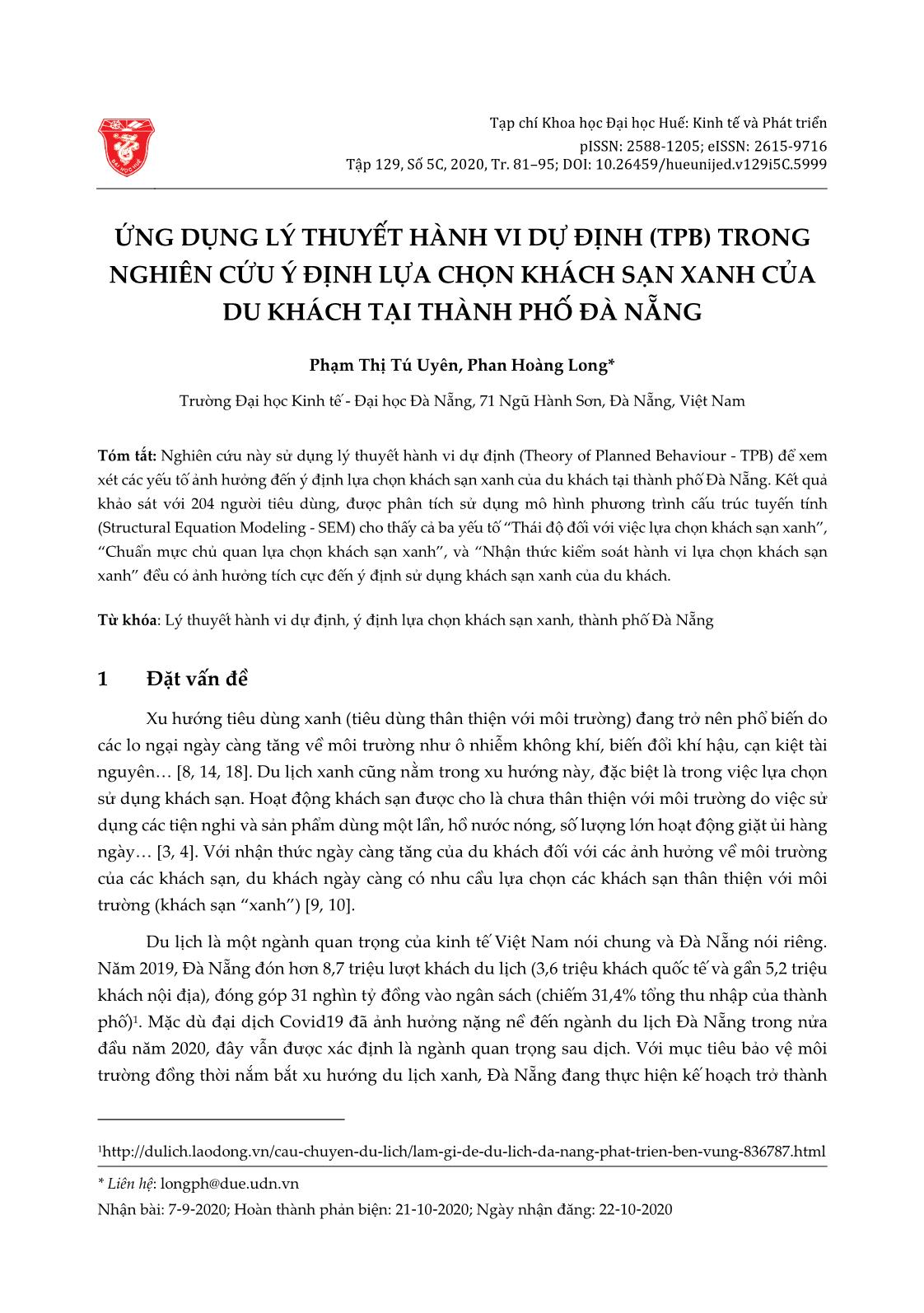 Ứng dụng lý thuyết hành vi dự định (TPB) trong nghiên cứu ý định lựa chọn khách sạn xanh của du khách tại thành phố Đà Nẵng trang 1