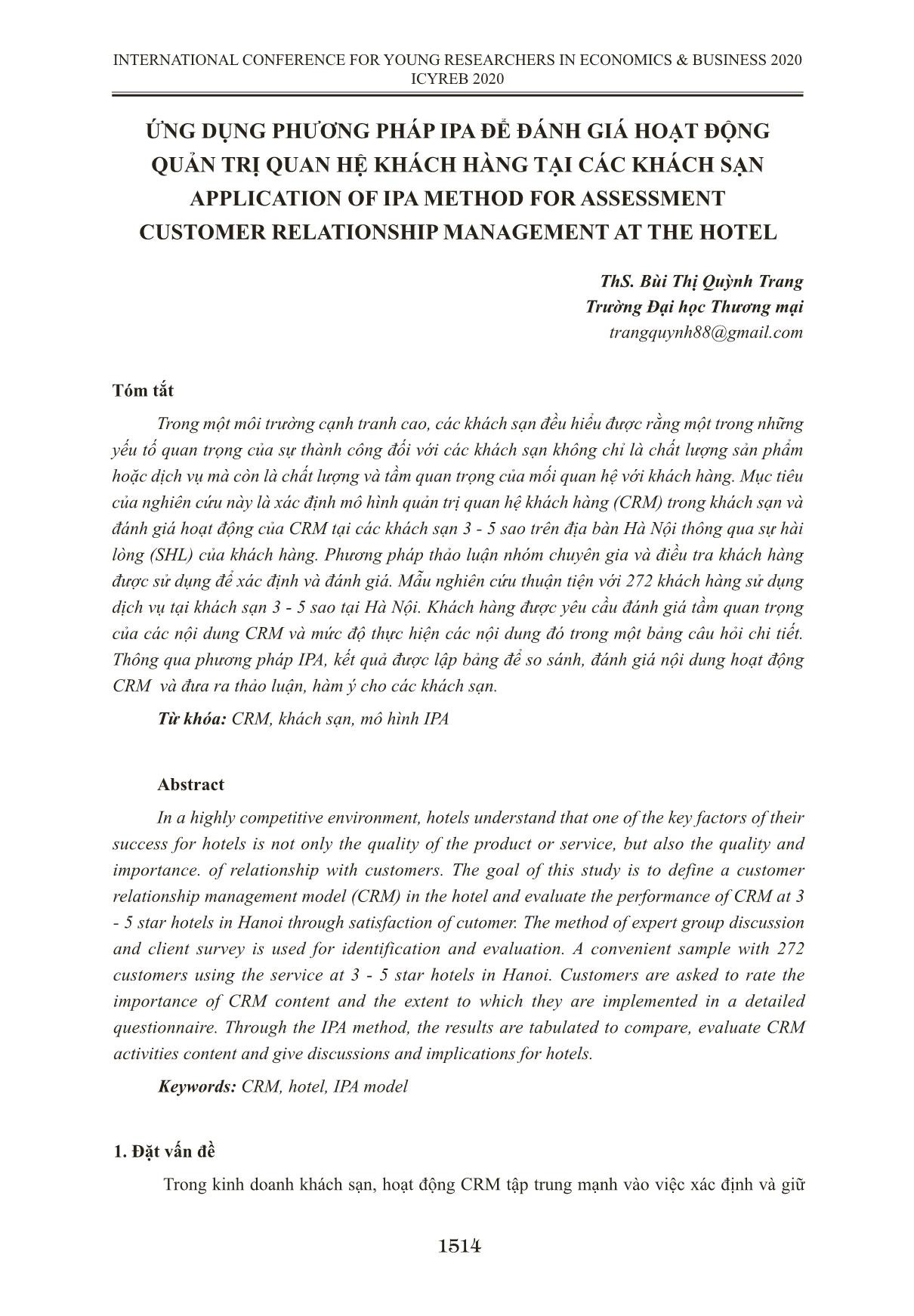 Ứng dụng phương pháp IPA để đánh giá hoạt động quản trị quan hệ khách hàng tại các khách sạn trang 1