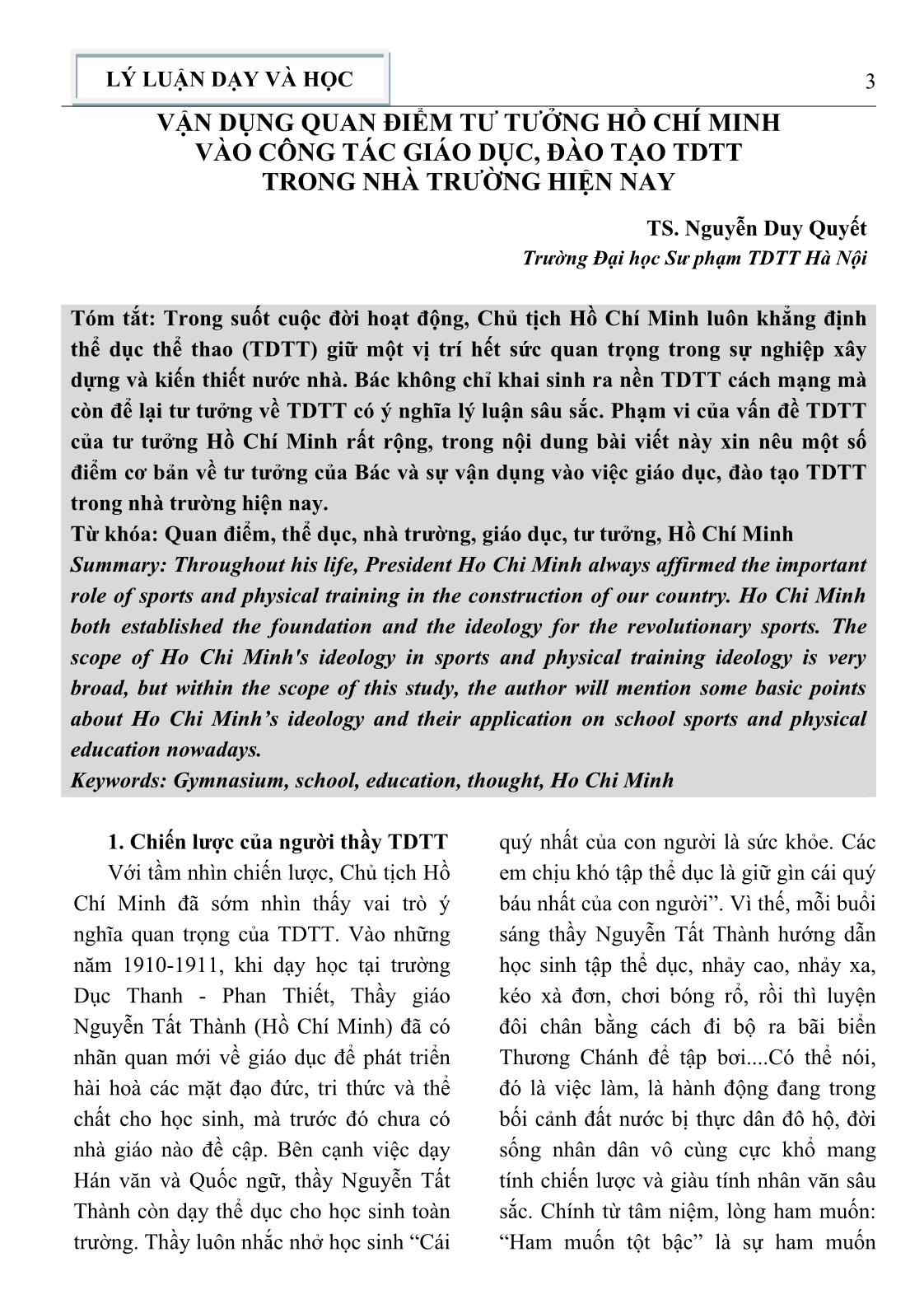 Vận dụng quan điểm tư tưởng Hồ Chí Minh vào công tác giáo dục, đào tạo thể dục thể thao trong nhà trường hiện nay trang 1