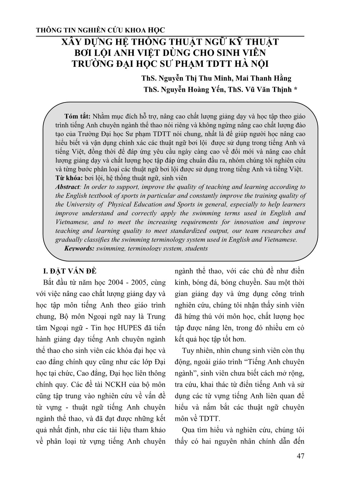 Xây dựng hệ thống thuật ngữ kỹ thuật bơi lội Anh Việt dùng cho sinh viên trường Đại học Sư phạm Thể dục Thể thao Hà Nội trang 1