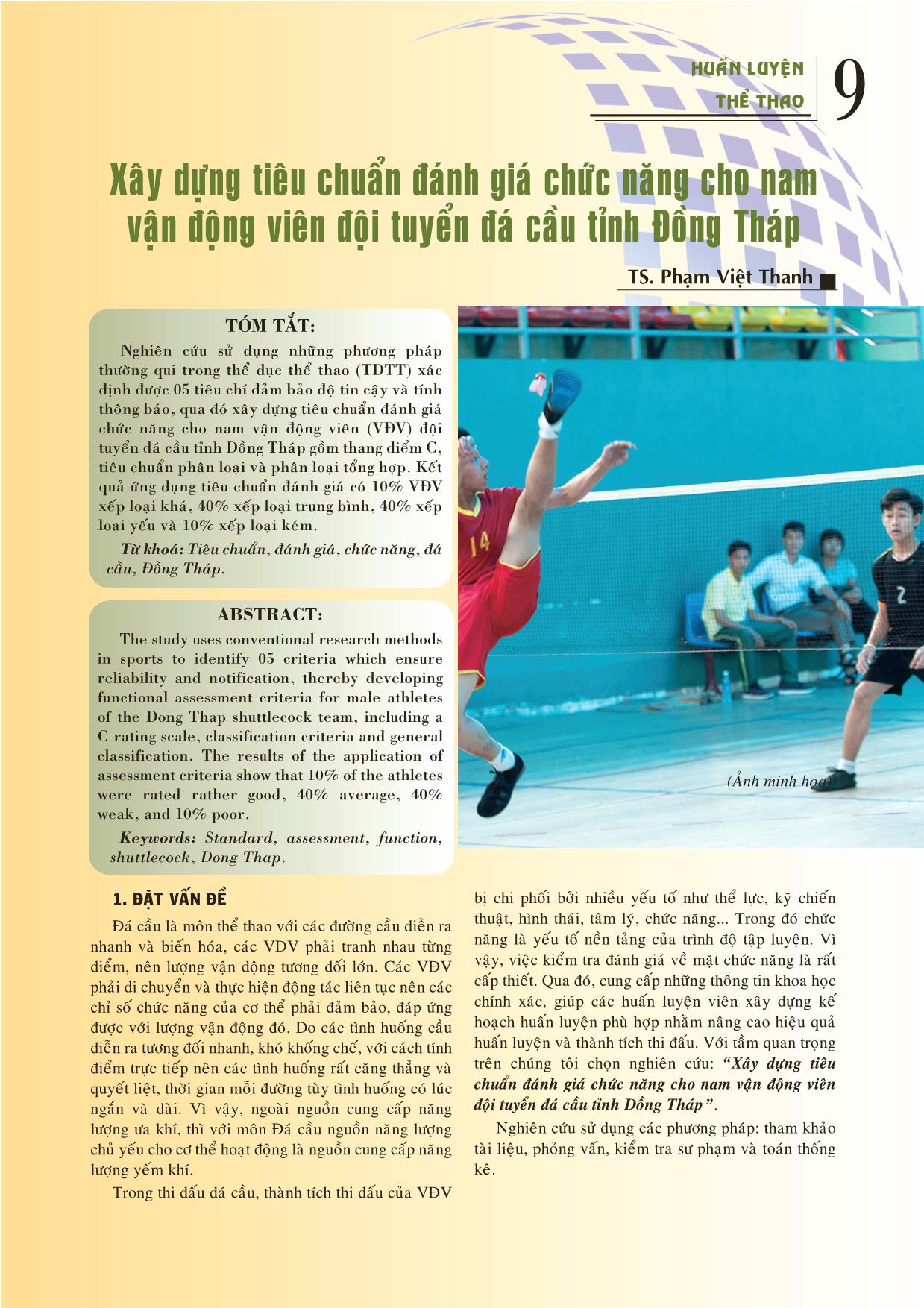 Xây dựng tiêu chuẩn đánh giá chức năng cho nam vận động viên đội tuyển đá cầu tỉnh Đồng Tháp trang 1