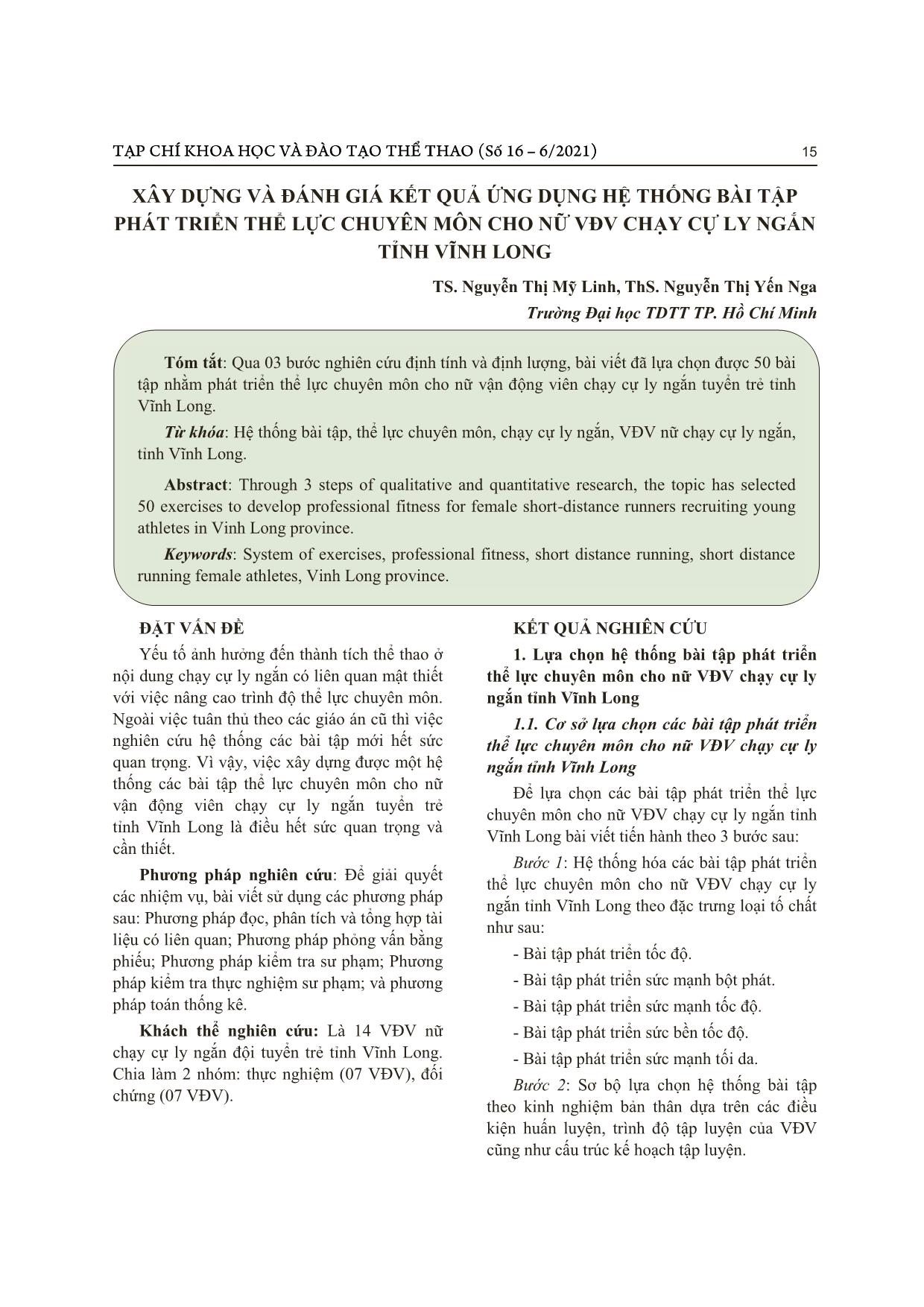 Xây dựng và đánh giá kết quả ứng dụng hệ thống bài tập phát triển thể lực chuyên môn cho nữ vận động viên chạy cự ly ngắn tỉnh Vĩnh Long trang 1