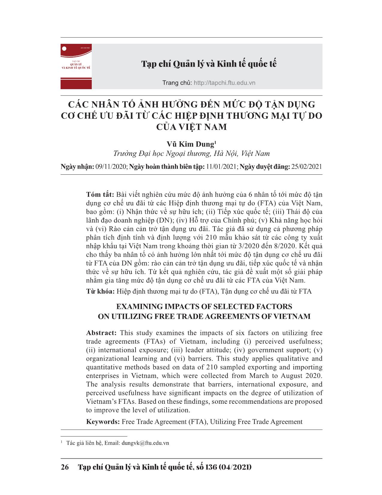 Các nhân tố ảnh hưởng đến mức độ tận dụng cơ chế ưu đãi từ các hiệp định thương mại tự do của Việt Nam trang 1