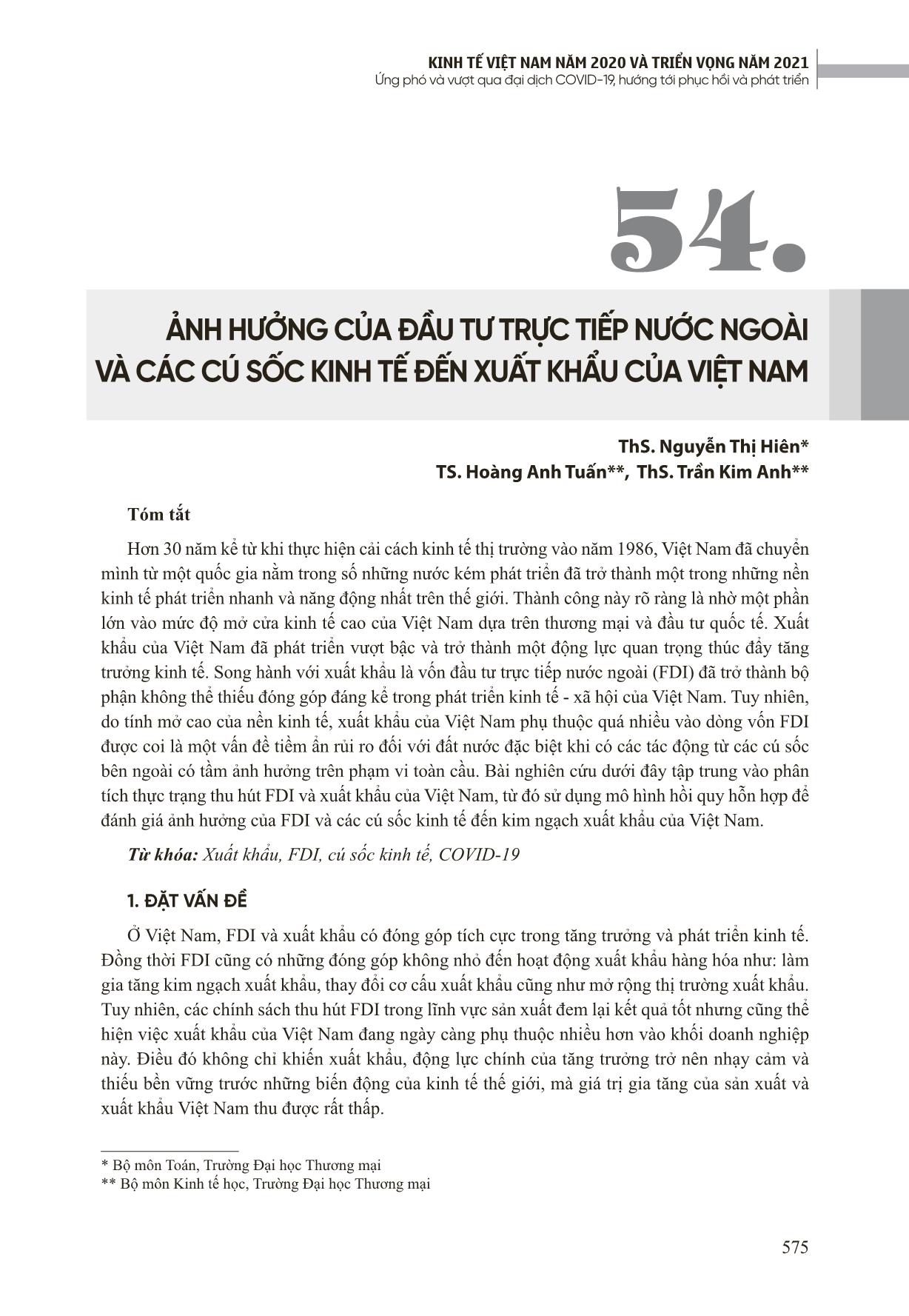 Ảnh hưởng của đầu tư trực tiếp nước ngoài và các cú sốc kinh tế đến xuất khẩu của Việt Nam trang 1